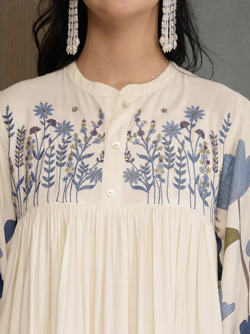Stylum Women's Blue Floral Printed & Embroidered Cotton Tiered Dress