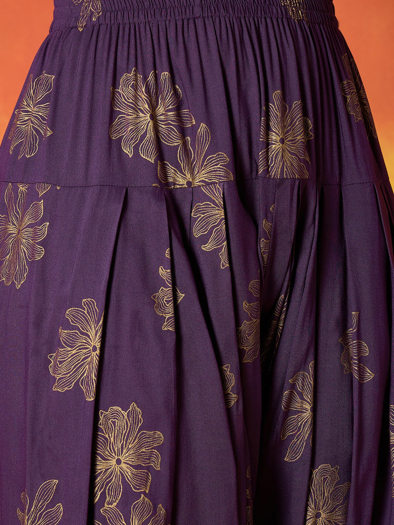 Stylum Women's Purple Gold Printed & Embroidered Rayon Straight Short Kurti Farshi Salwar Dupatta Set