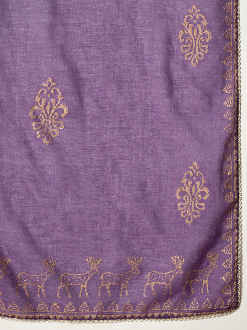 Stylum Women's Purple Gold Printed & Embroidered Rayon Straight Short Kurti Farshi Salwar Dupatta Set