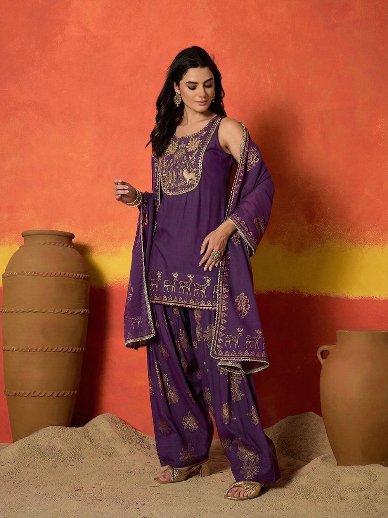 Stylum Women's Purple Gold Printed & Embroidered Rayon Straight Short Kurti Farshi Salwar Dupatta Set