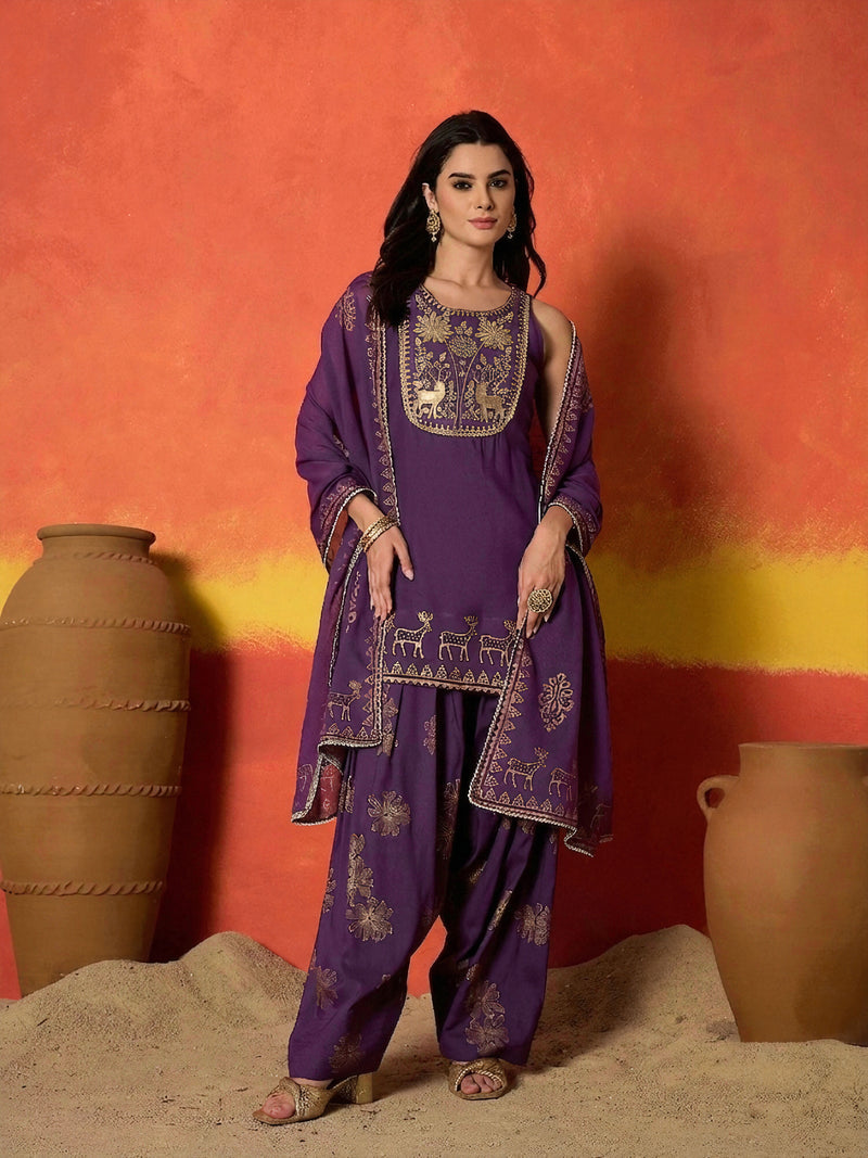 Stylum Women's Purple Gold Printed & Embroidered Rayon Straight Short Kurti Farshi Salwar Dupatta Set