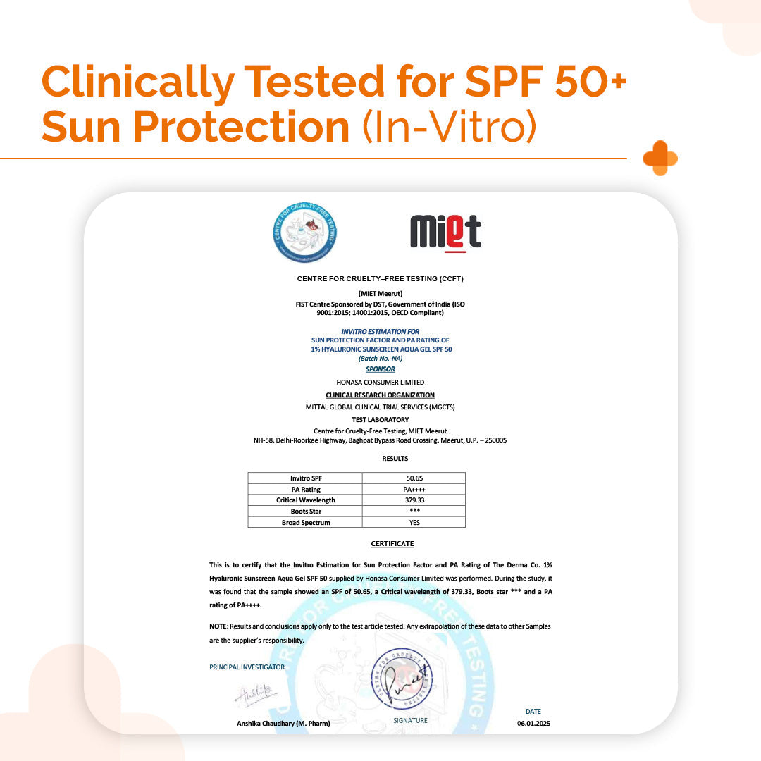 Derma Co 1% Hyaluronic Sunscreen Aqua Gel In Vivo Tested with SPF 50 & PA++++