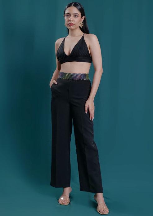 Studio OJS Black Rhinestone Belt Straight Trousers