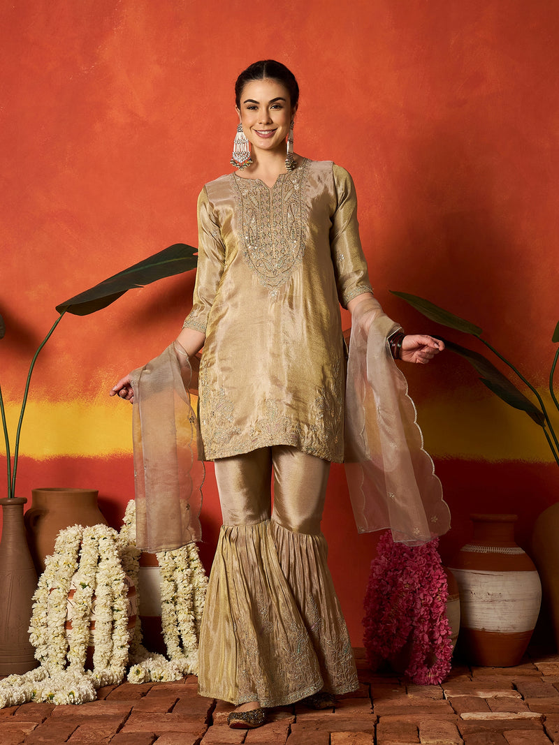 Stylum Women's Beige Solid & Embroidered Silk Blend Straight Kurti Sharara With Dupatta