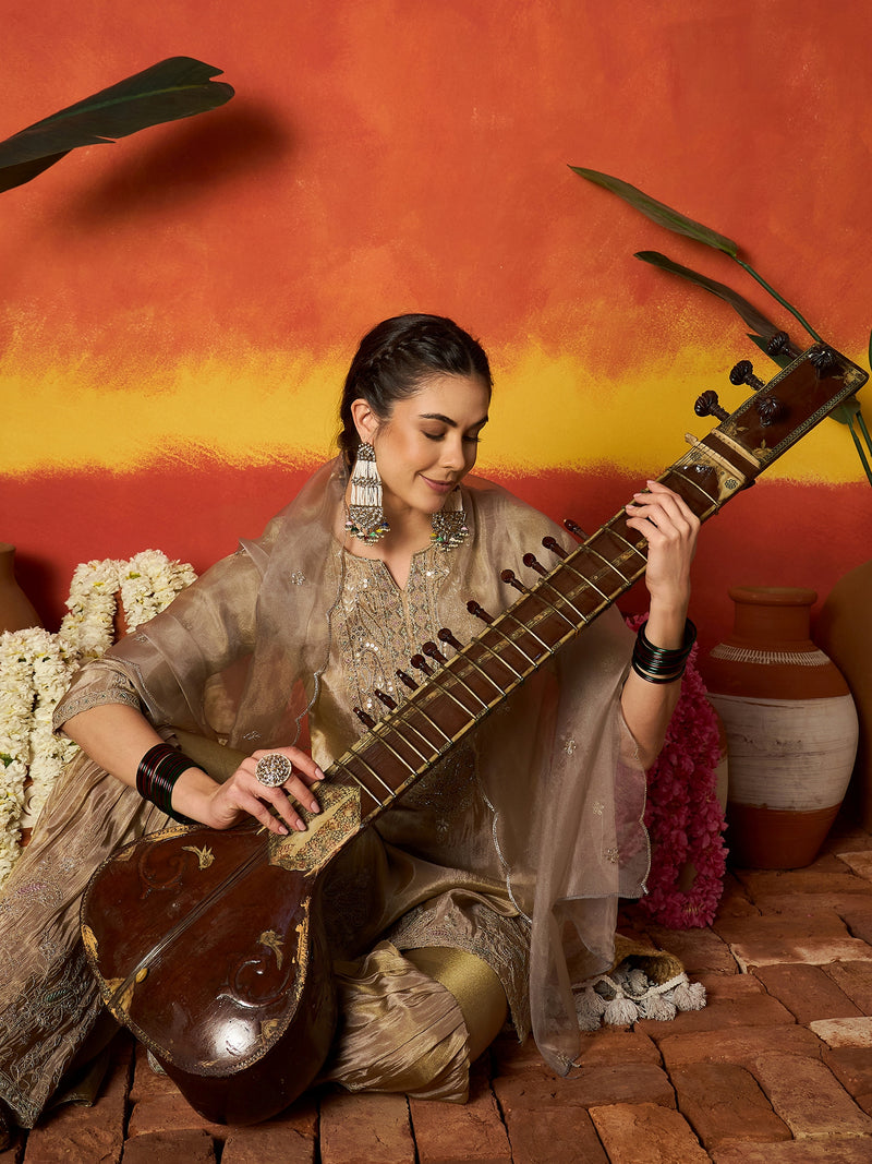 Stylum Women's Beige Solid & Embroidered Silk Blend Straight Kurti Sharara With Dupatta