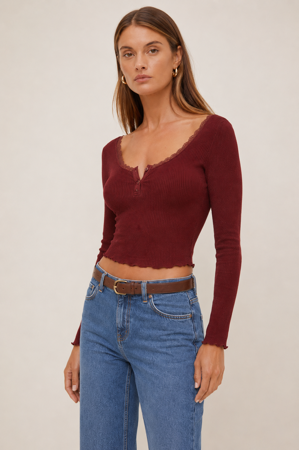 Mywishbag Polo Lace Trim Rib Top - Polyester Blend