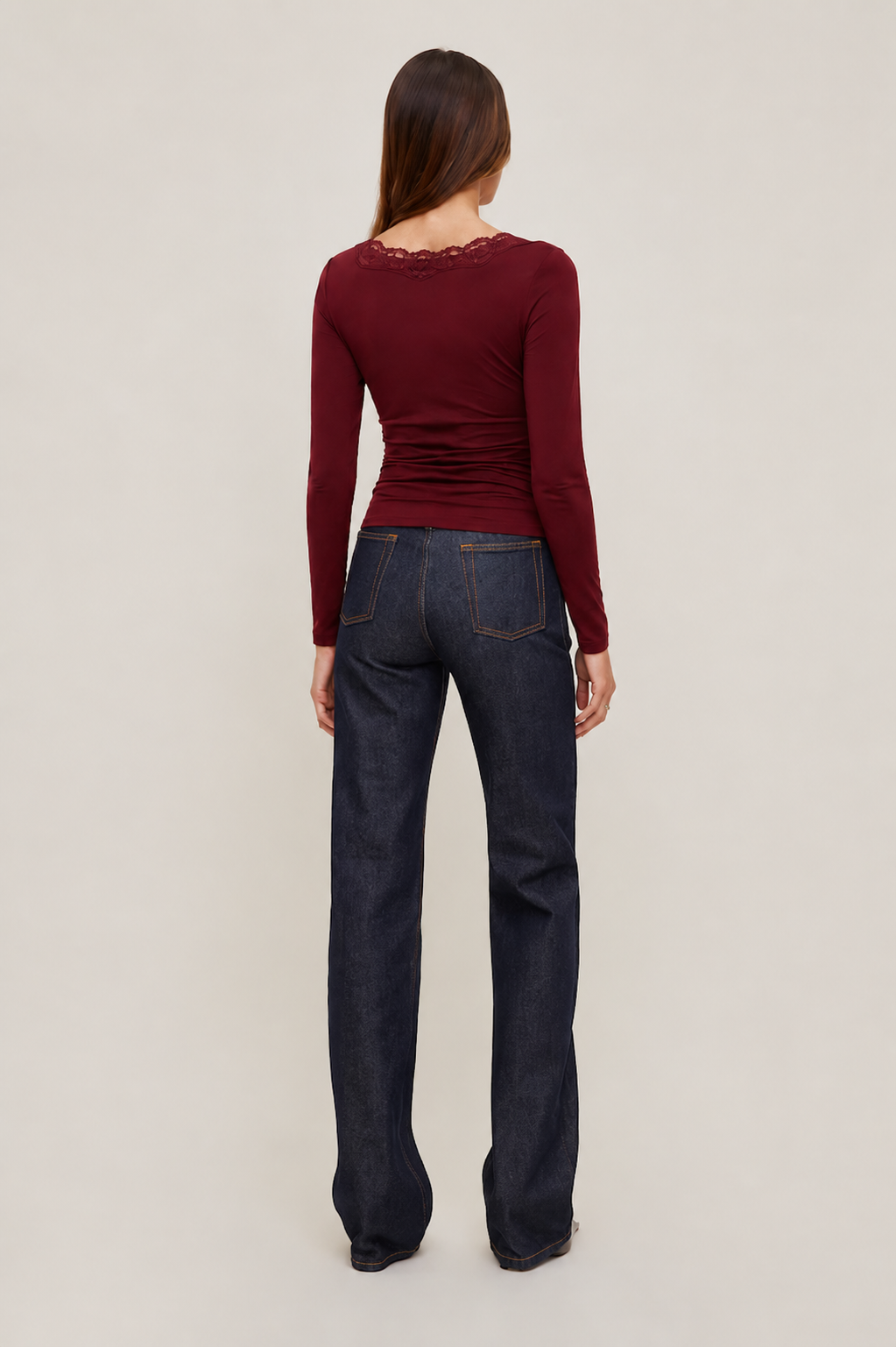 Mywishbag V-Neck Solid Lace Trim Ruched Long Sleeve Top - Polyester Blend