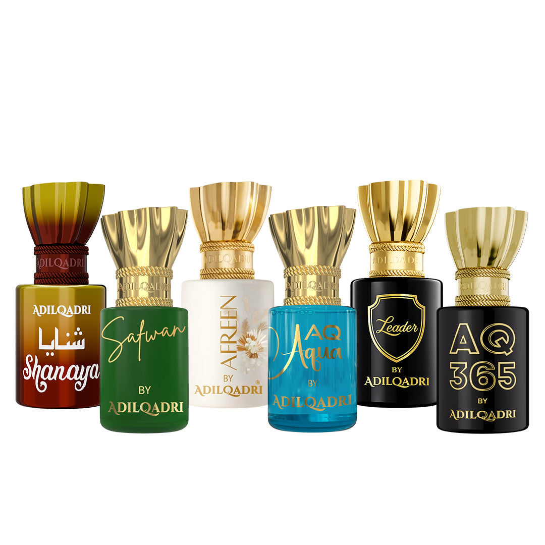 Pack of 6 Shanaya, Safwan, Afreen, AQ Aqua, Leader, AQ 365 Attar 5.5 Ml Each