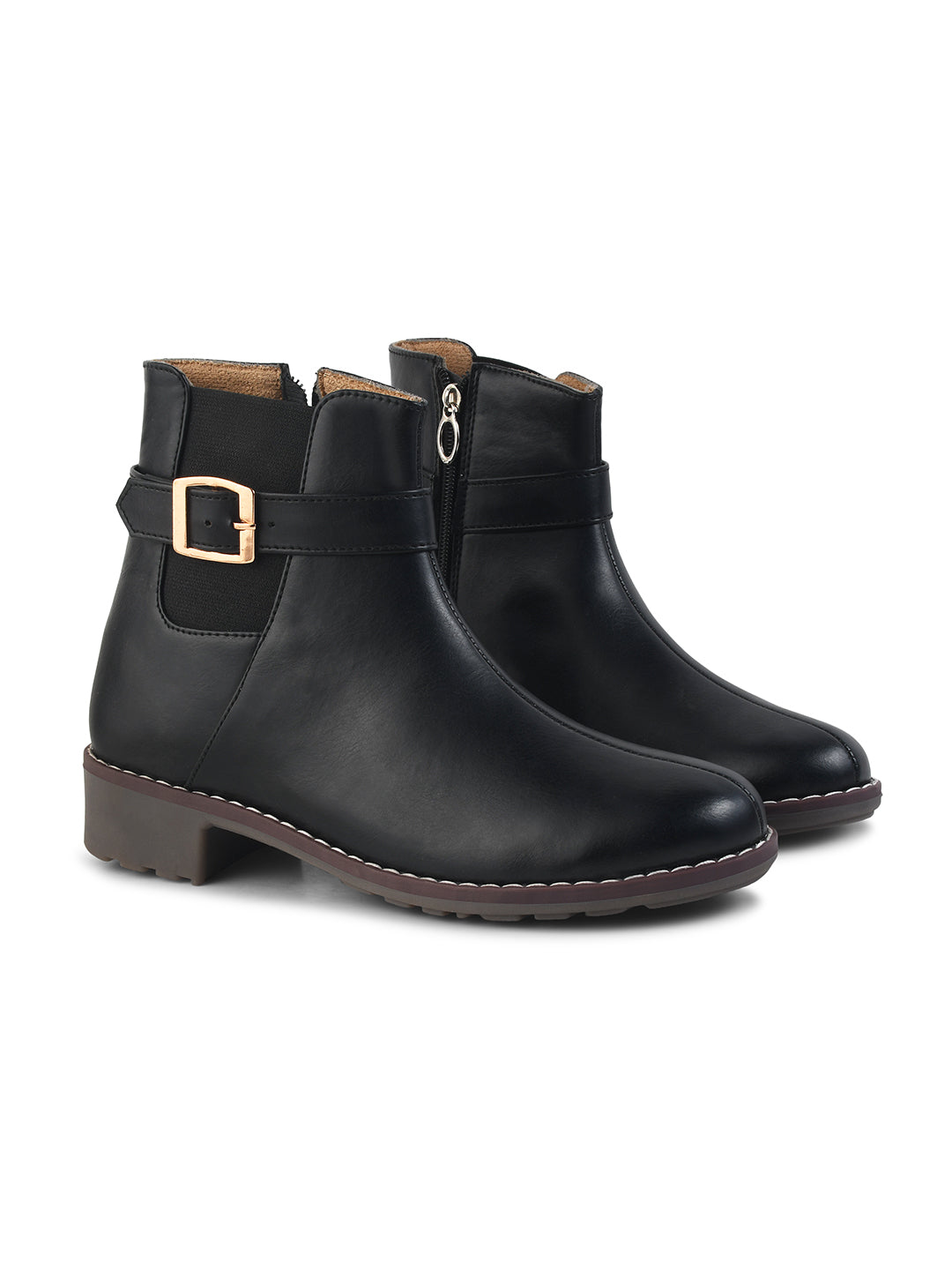 JM Looks Women Ankle Boots Buckle Strap Block Heel Zipper Closure Footwear