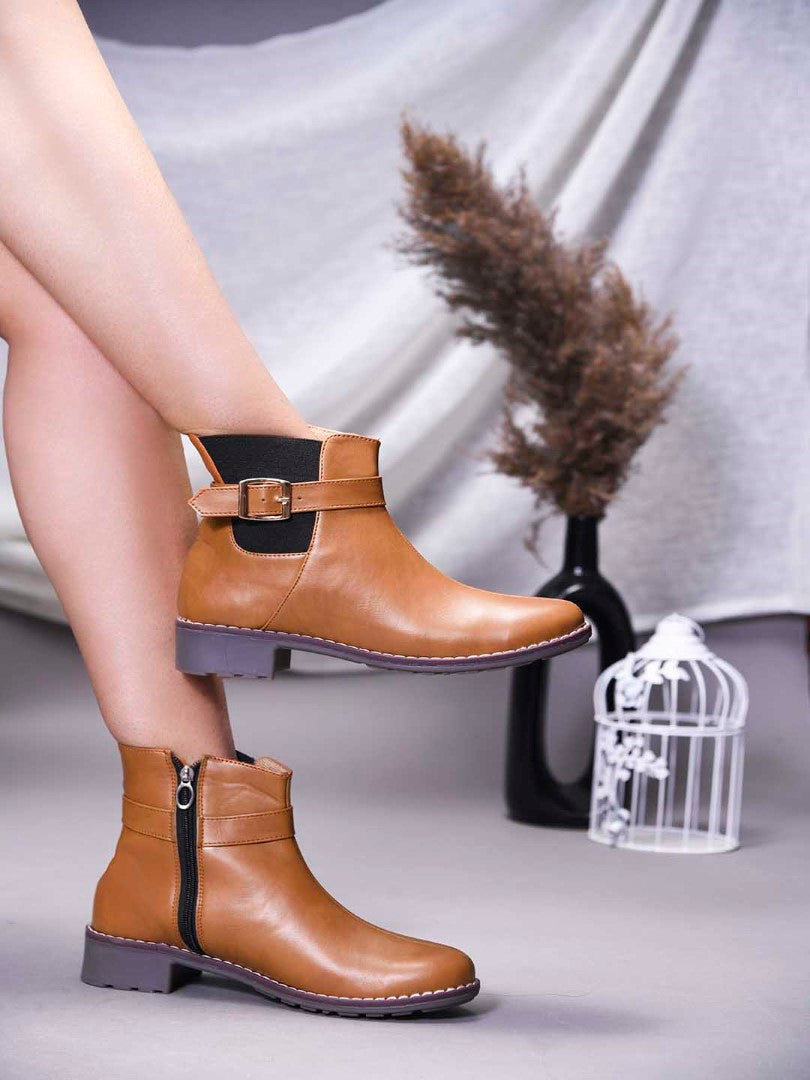 JM Looks Women Ankle Boots Buckle Strap Block Heel Zipper Closure Footwear