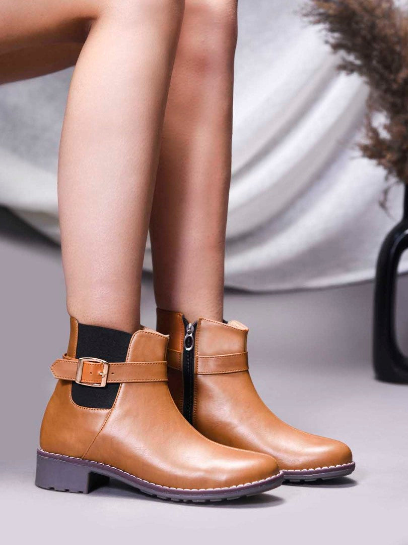 JM Looks Women Ankle Boots Buckle Strap Block Heel Zipper Closure Footwear