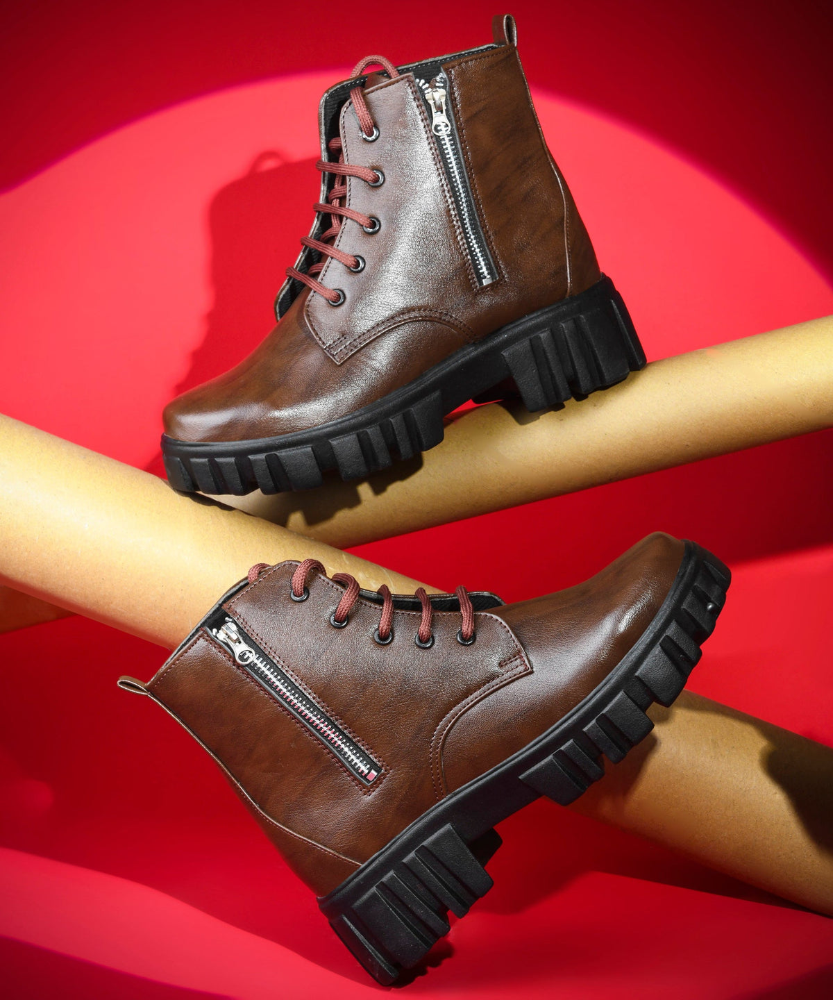 JM Looks Women Chunky Platform Combat Boots Lace-Up Zip Ankle Boots Footwear