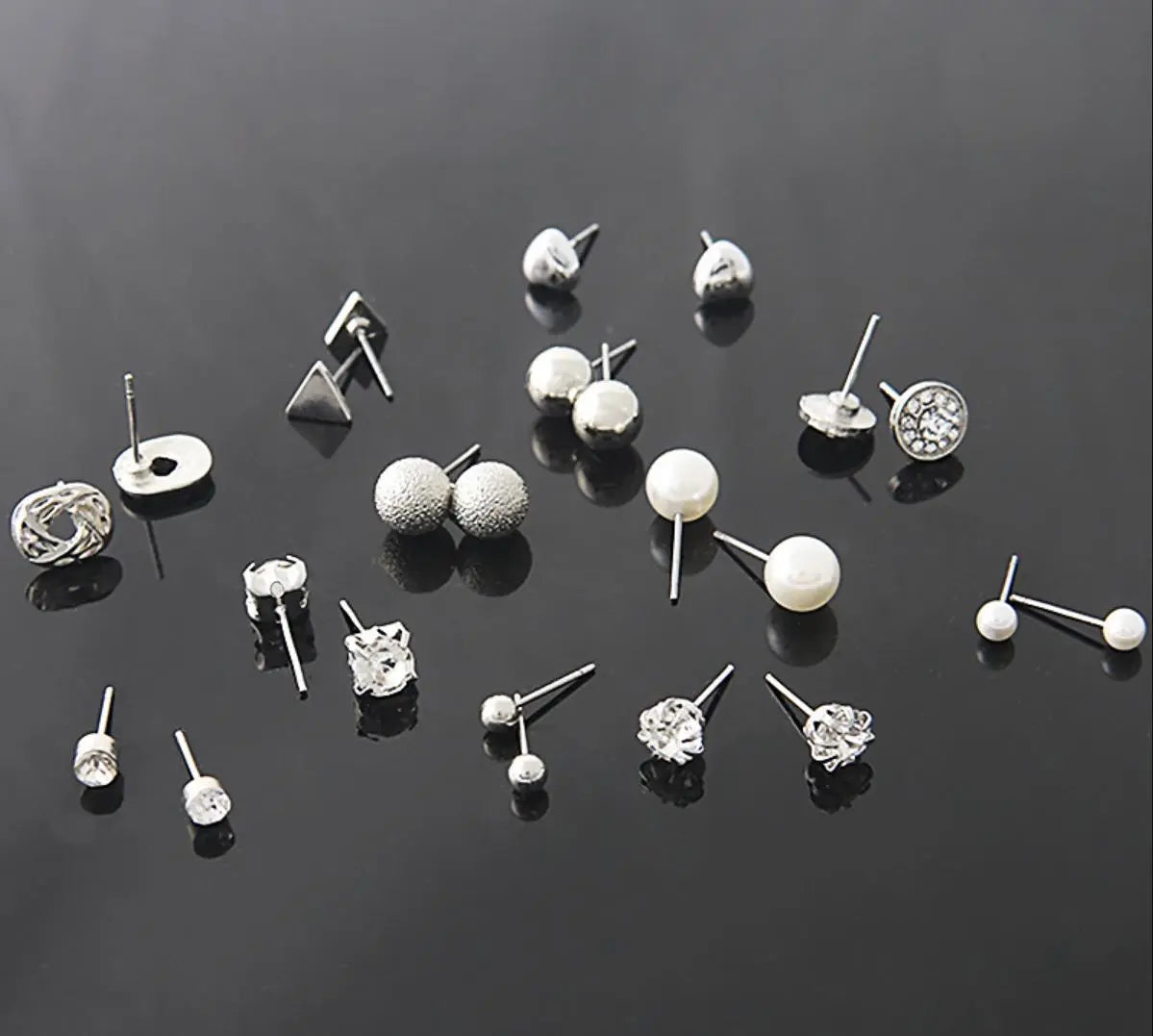 Salty "All Things Silver" Diamond Triangle Heart Inlaid 12 Pairs Stud Earrings