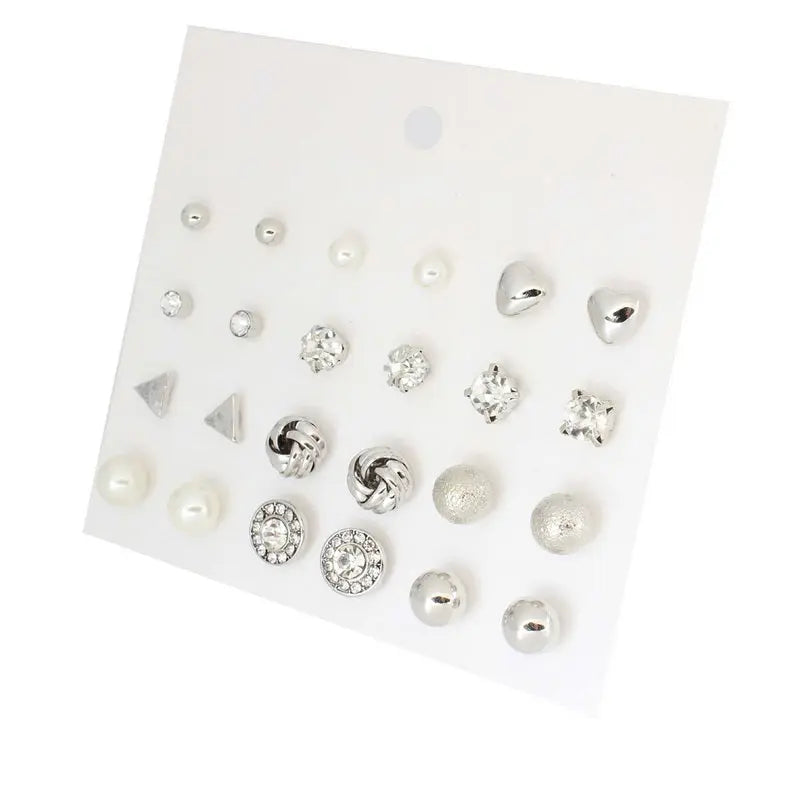 Salty "All Things Silver" Diamond Triangle Heart Inlaid 12 Pairs Stud Earrings