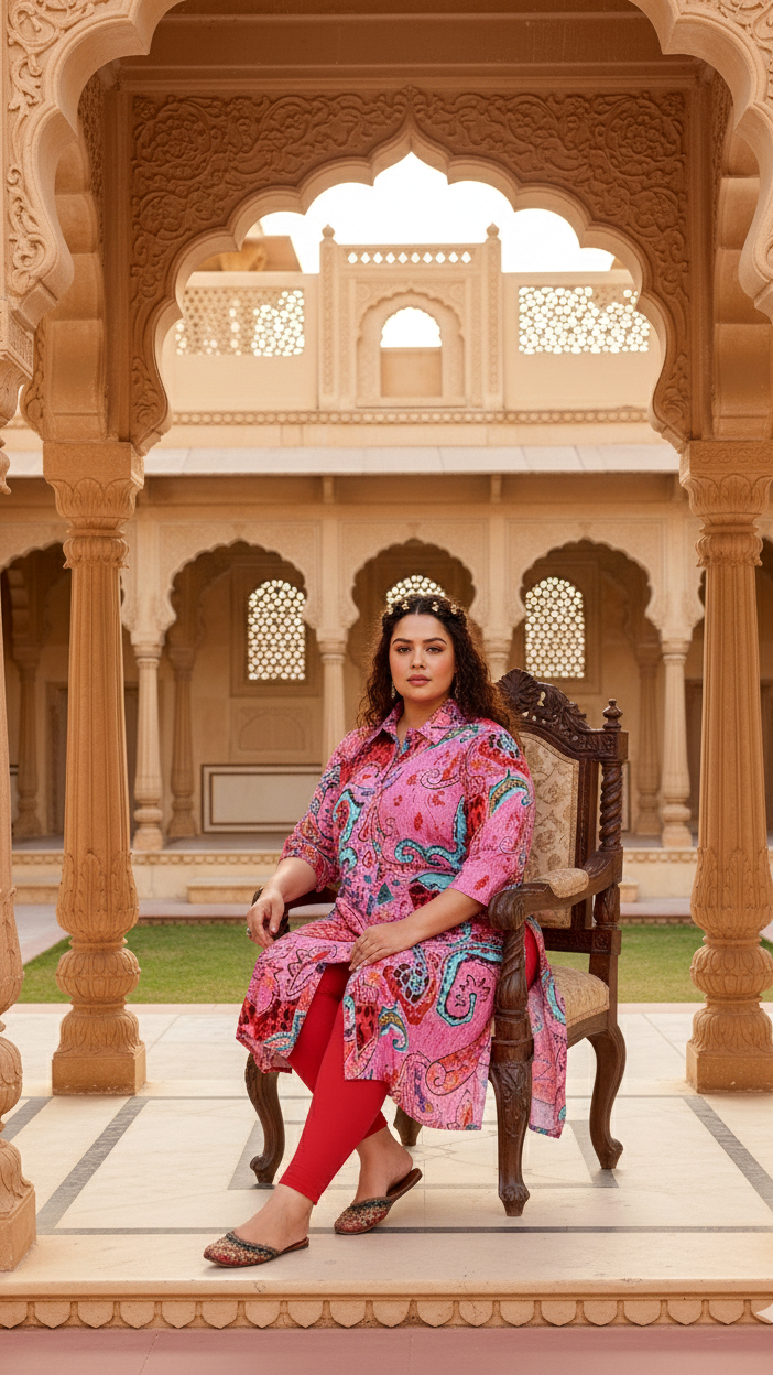 Label Flavia Bold Pink Paisley Plus Size Kurti – Artistic & Vibrant Elegance