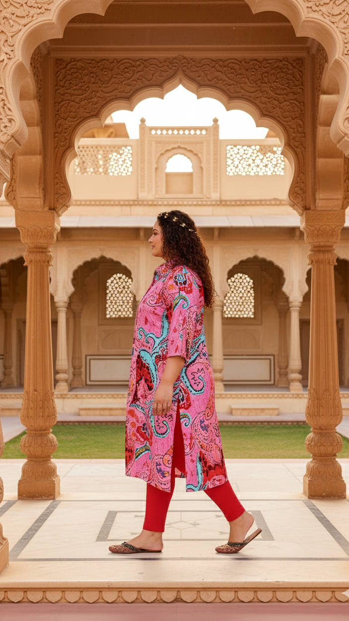 Label Flavia Bold Pink Paisley Plus Size Kurti – Artistic & Vibrant Elegance