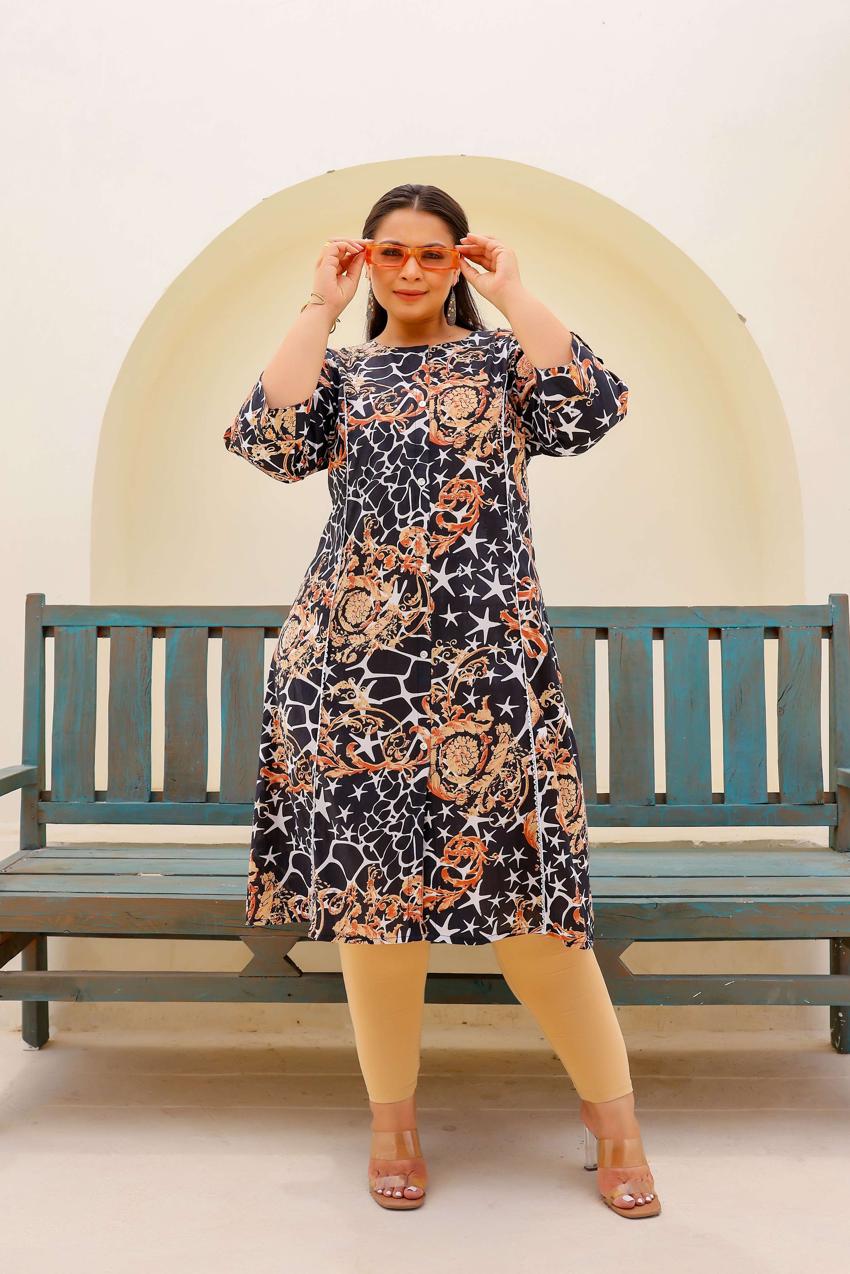Label Flavia Black & Beige Abstract Print A-Line Kurta | Modern & Stylish Everyday Look