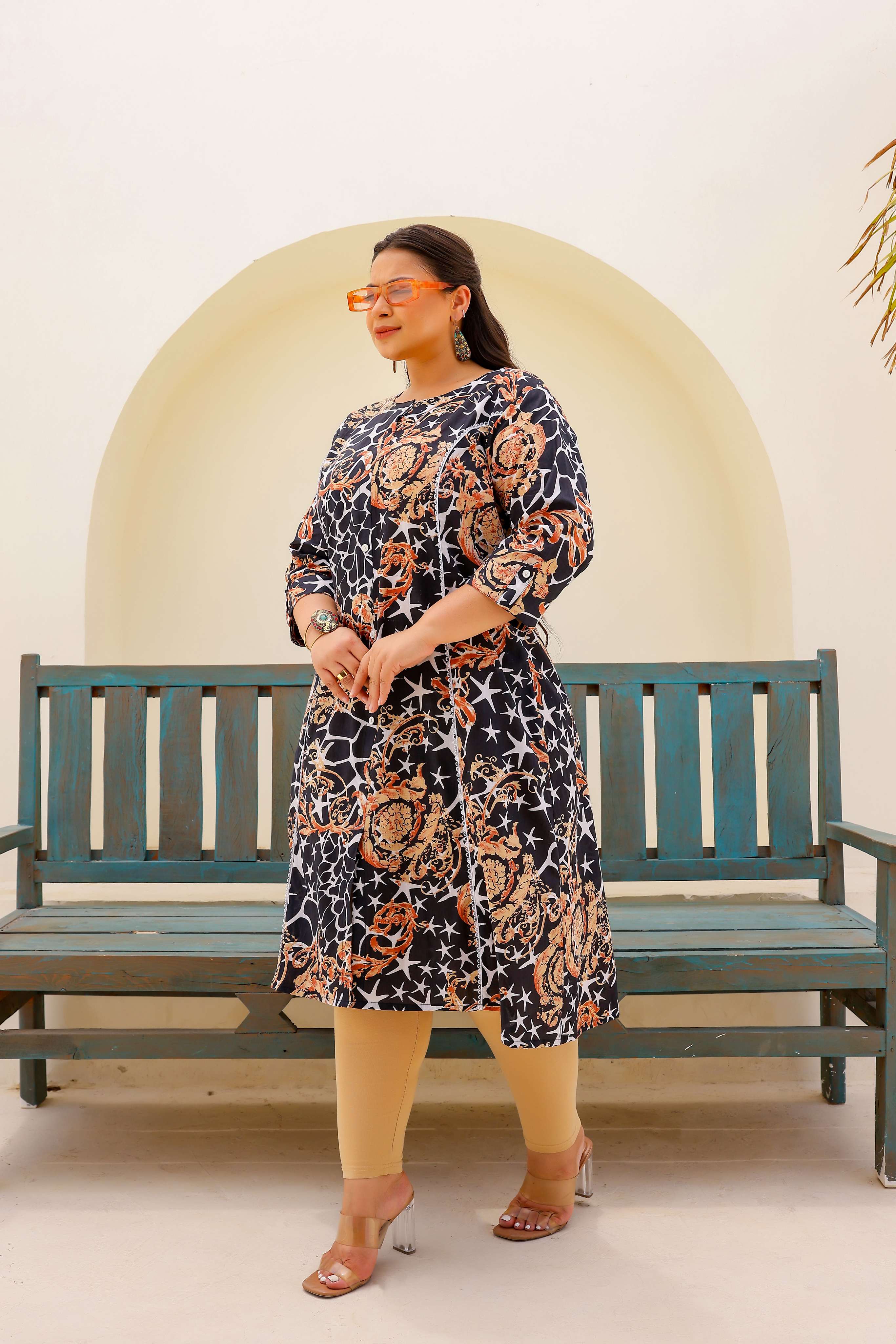 Label Flavia Black & Beige Abstract Print A-Line Kurta | Modern & Stylish Everyday Look