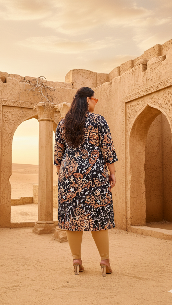 Label Flavia Black & Beige Abstract Print A-Line Kurta | Modern & Stylish Everyday Look