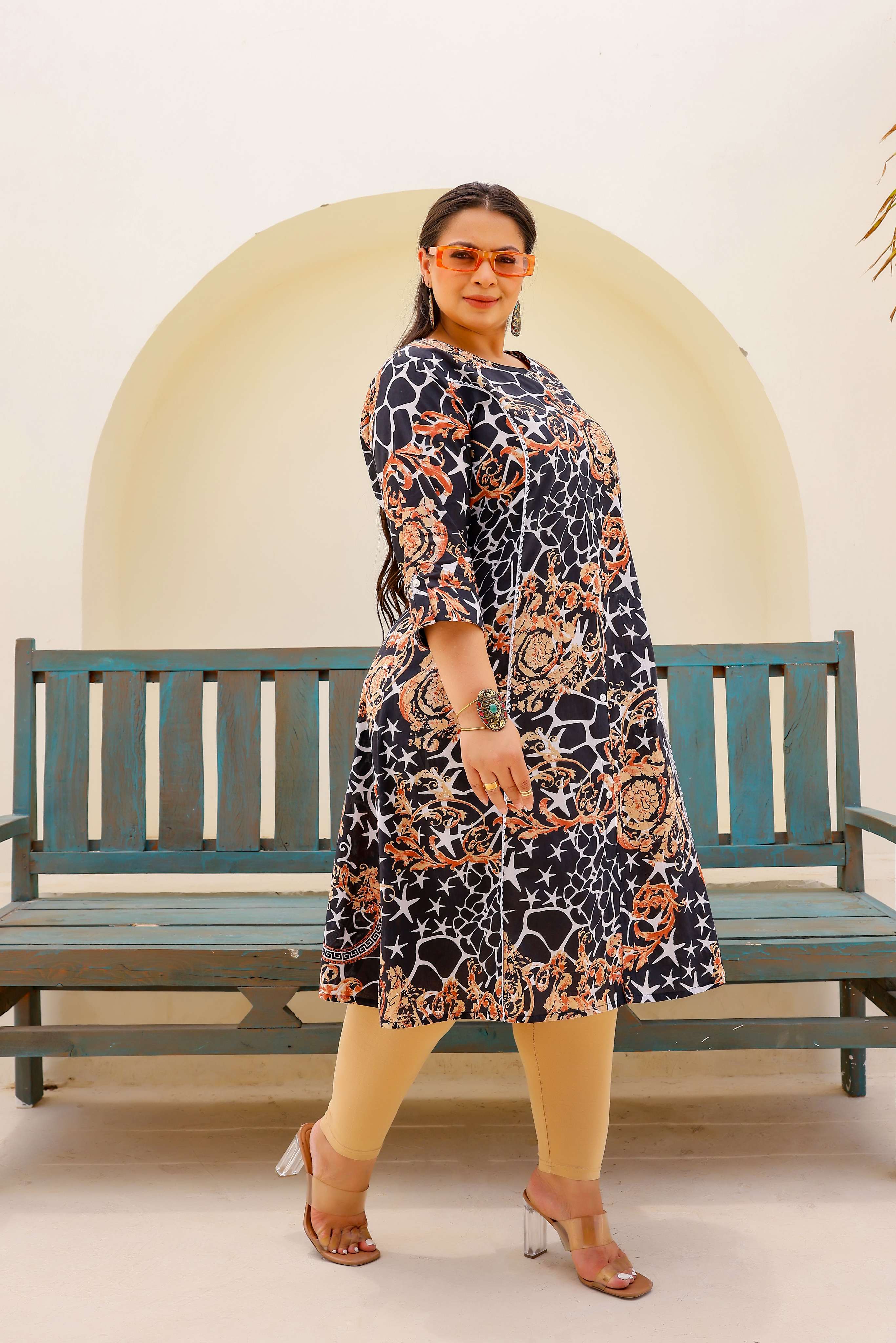 Label Flavia Black & Beige Abstract Print A-Line Kurta | Modern & Stylish Everyday Look