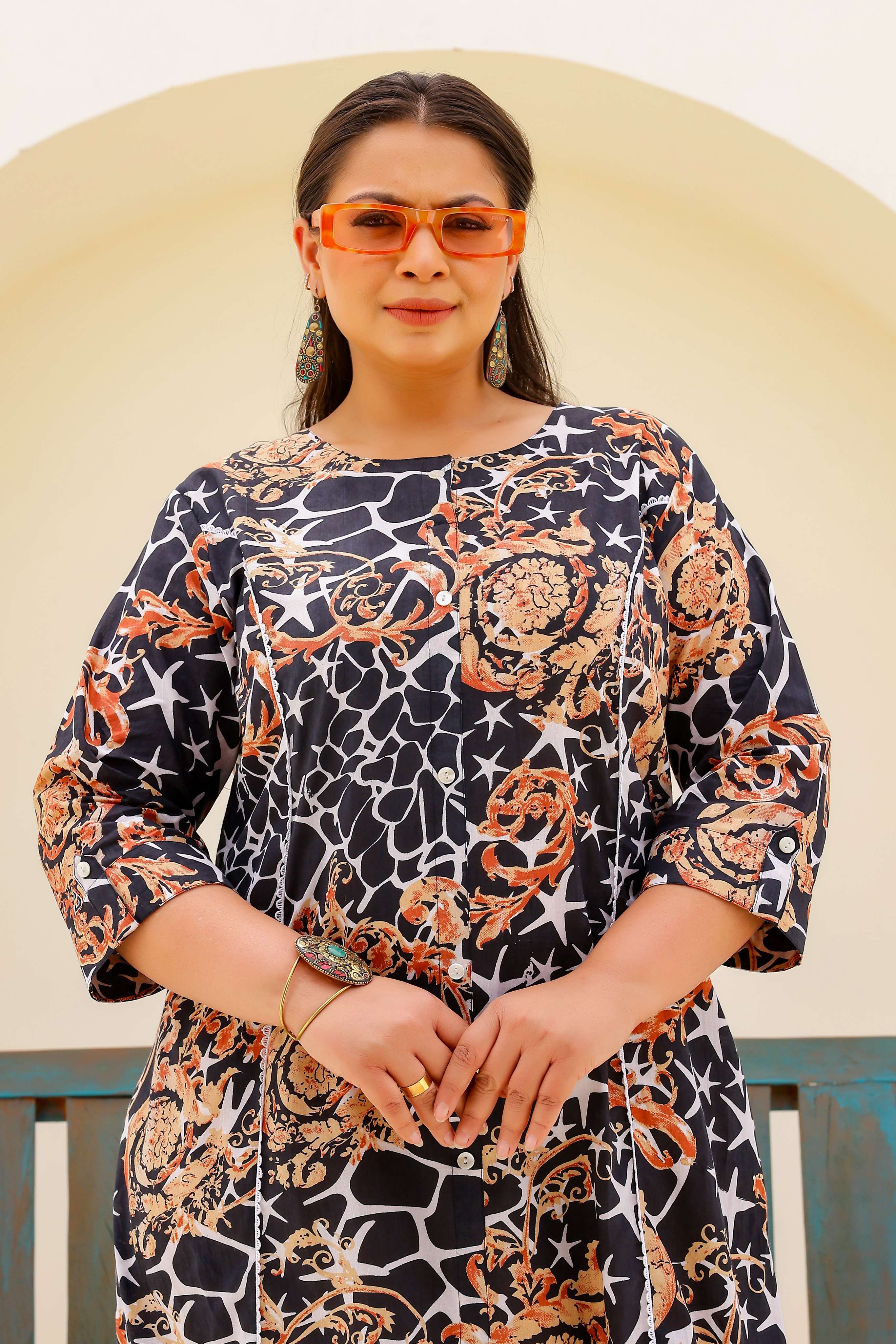 Label Flavia Black & Beige Abstract Print A-Line Kurta | Modern & Stylish Everyday Look