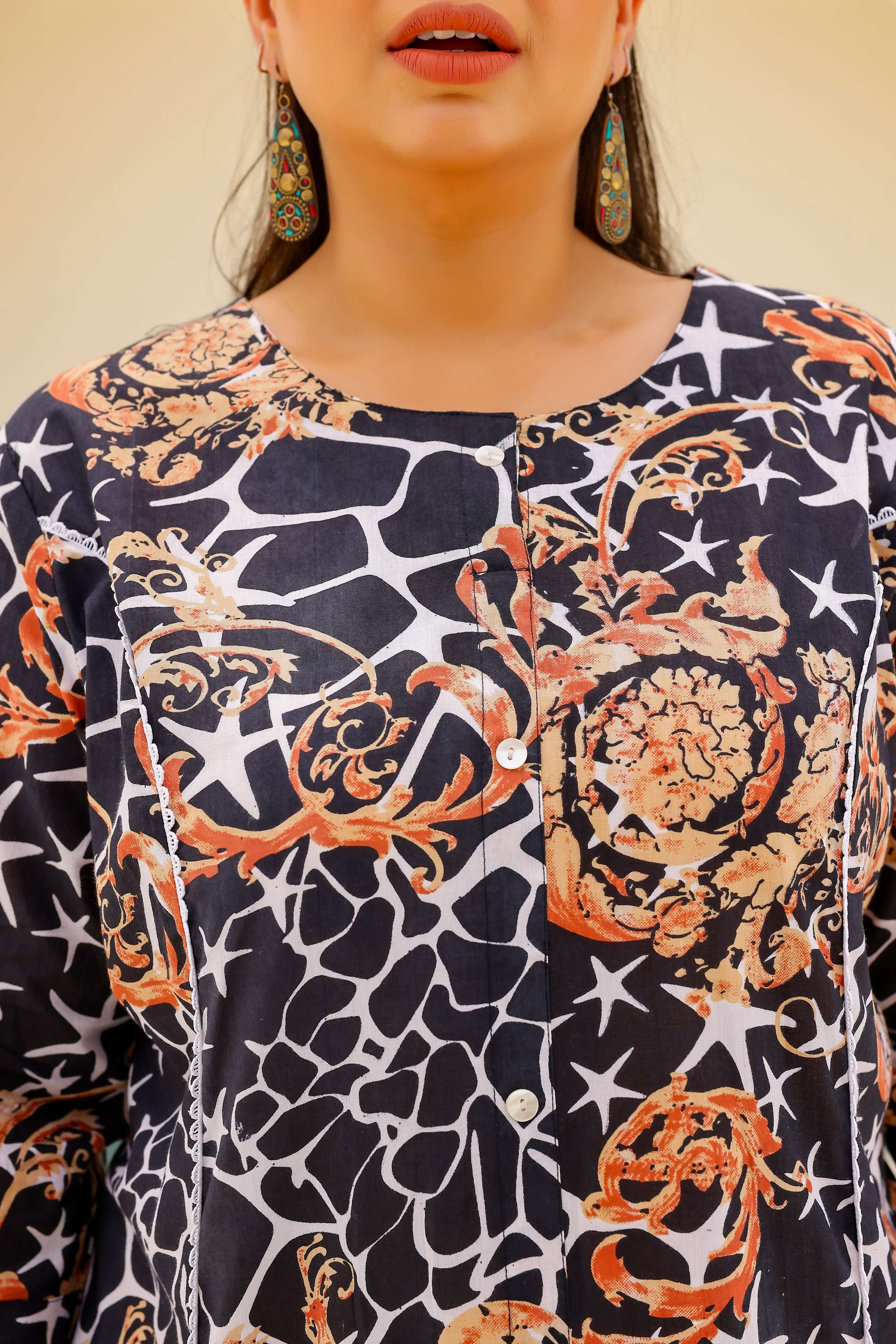 Label Flavia Black & Beige Abstract Print A-Line Kurta | Modern & Stylish Everyday Look