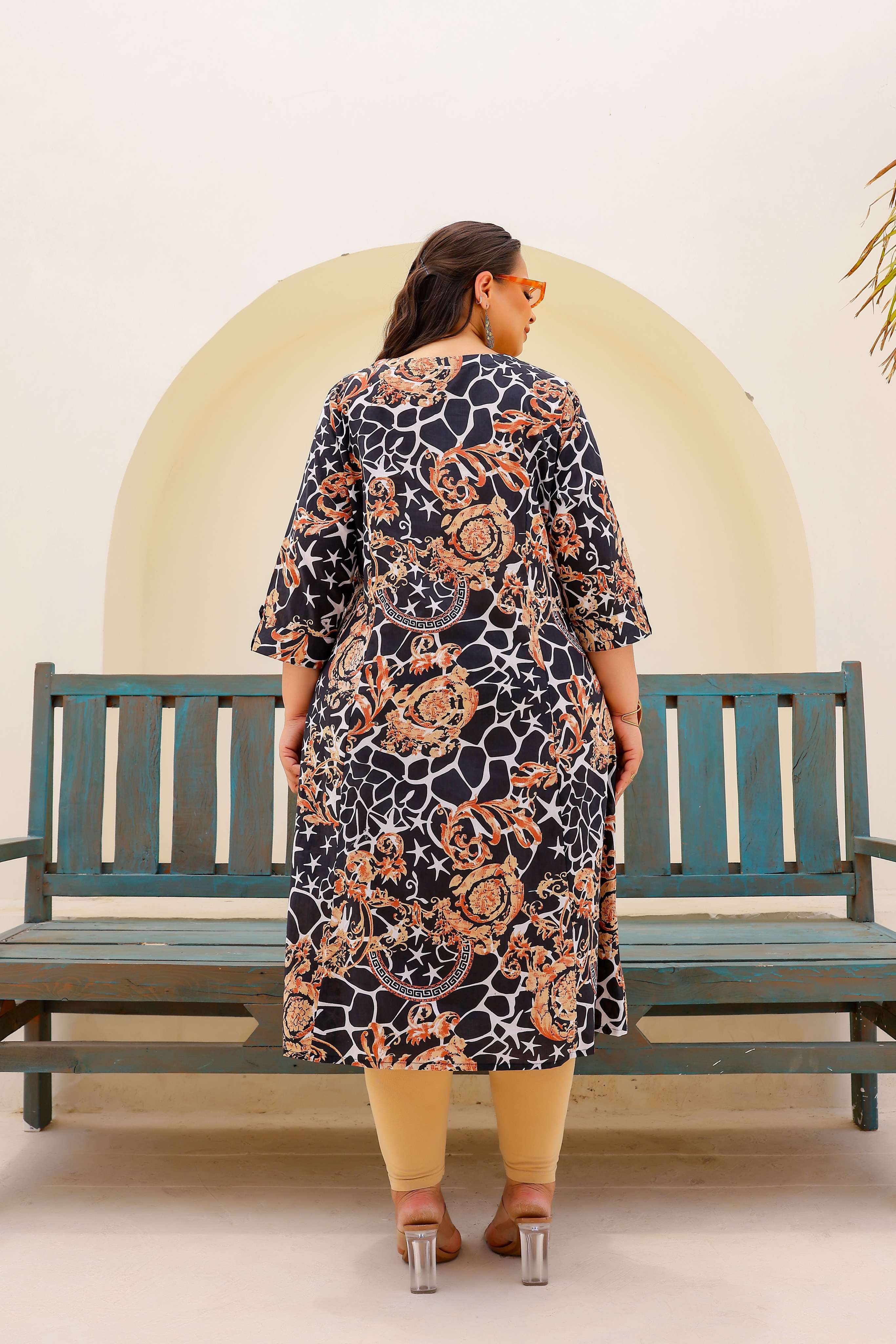 Label Flavia Black & Beige Abstract Print A-Line Kurta | Modern & Stylish Everyday Look