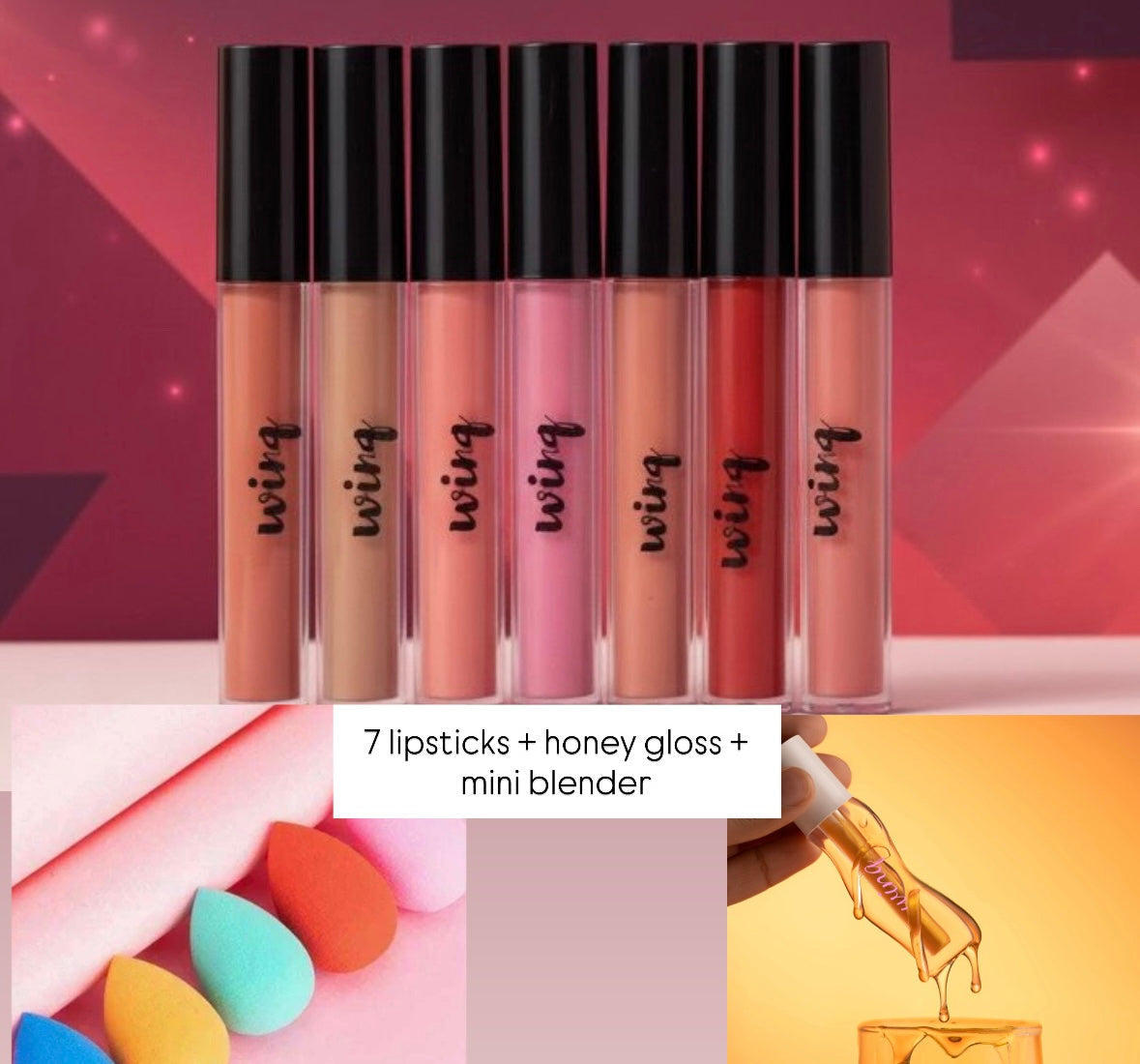 Winq Cosmetics 7 Matte Lipsticks + 1 Gloss + Mini Blender