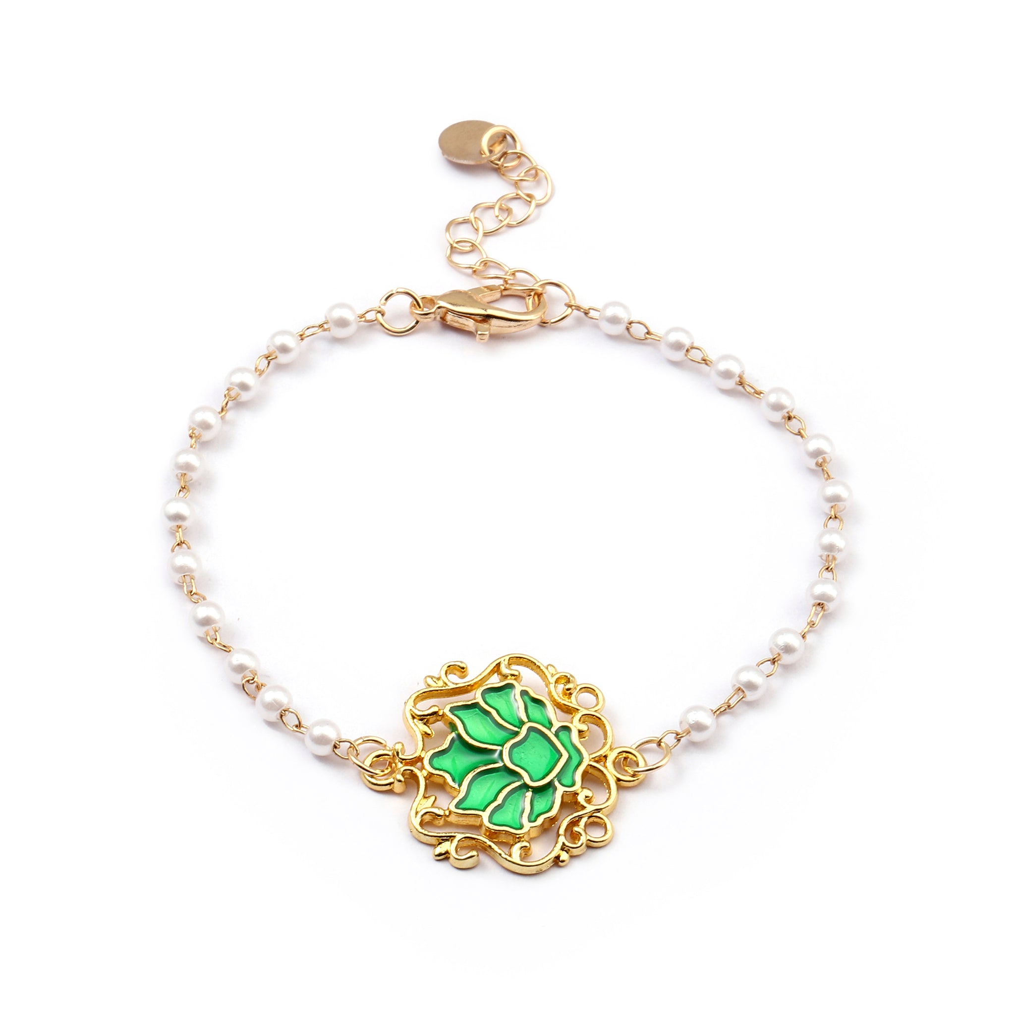 Salty Serenity Lotus Green Charm Gold Bracelet