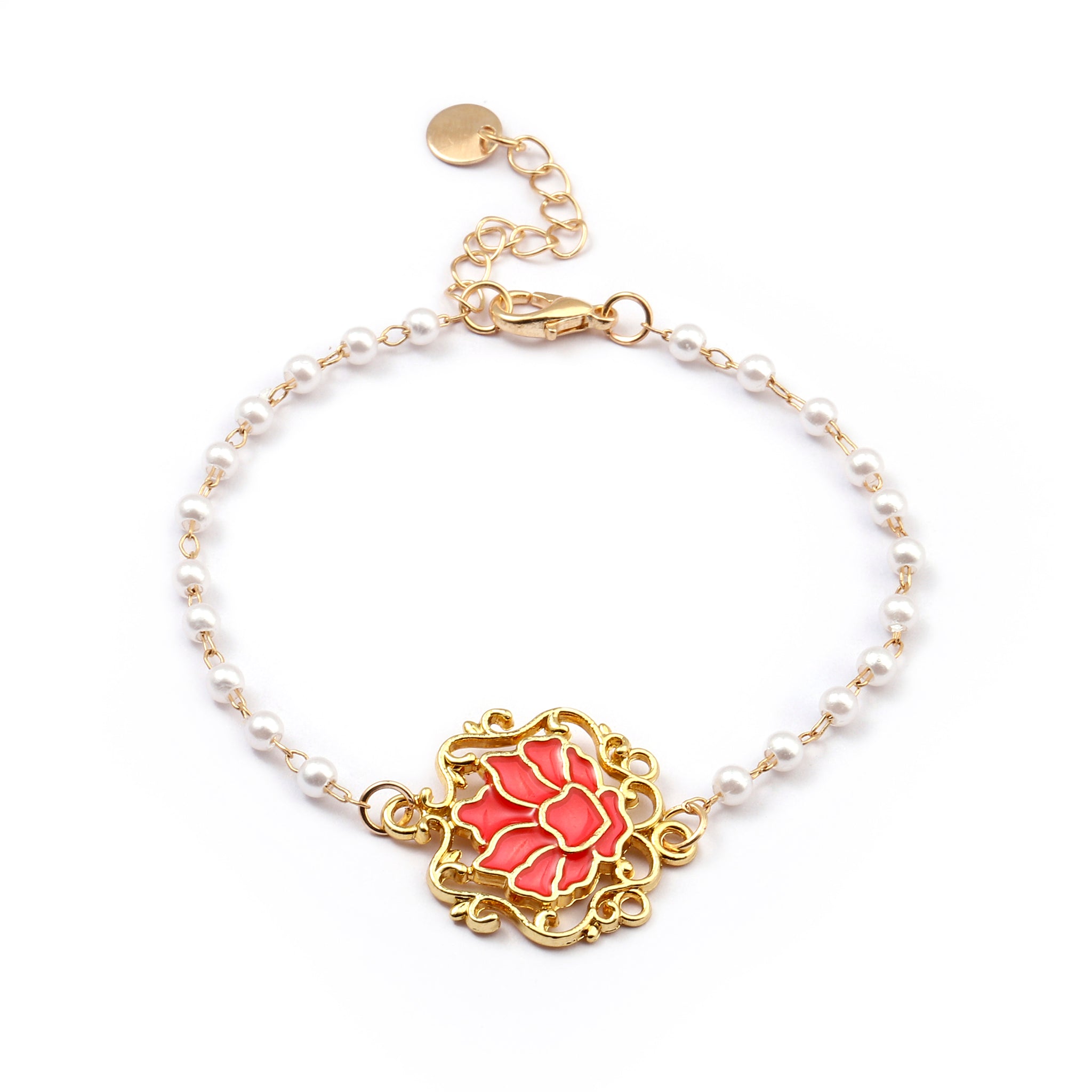 Salty Serenity Lotus Red Charm Gold Bracelet