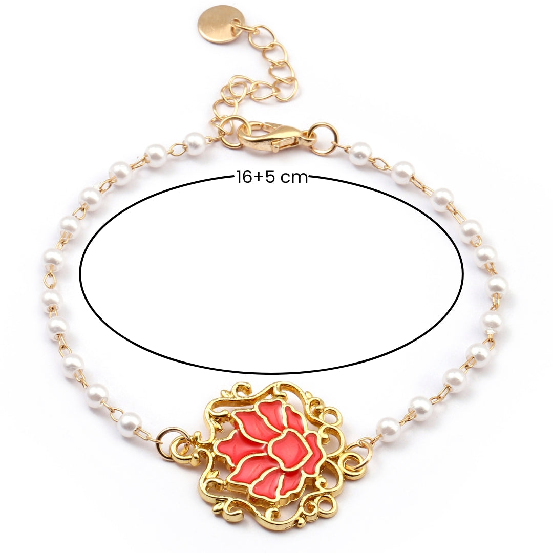 Salty Serenity Lotus Red Charm Gold Bracelet
