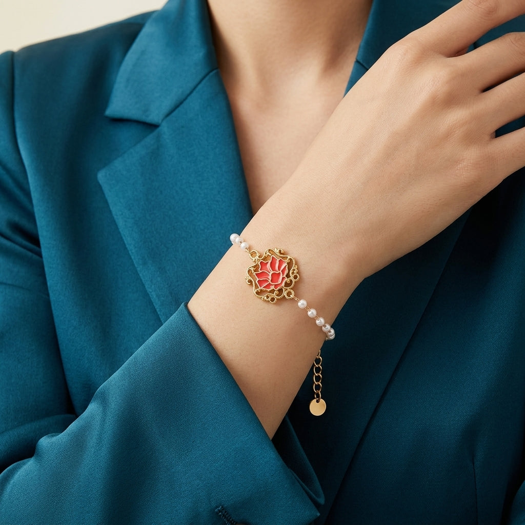 Salty Serenity Lotus Red Charm Gold Bracelet