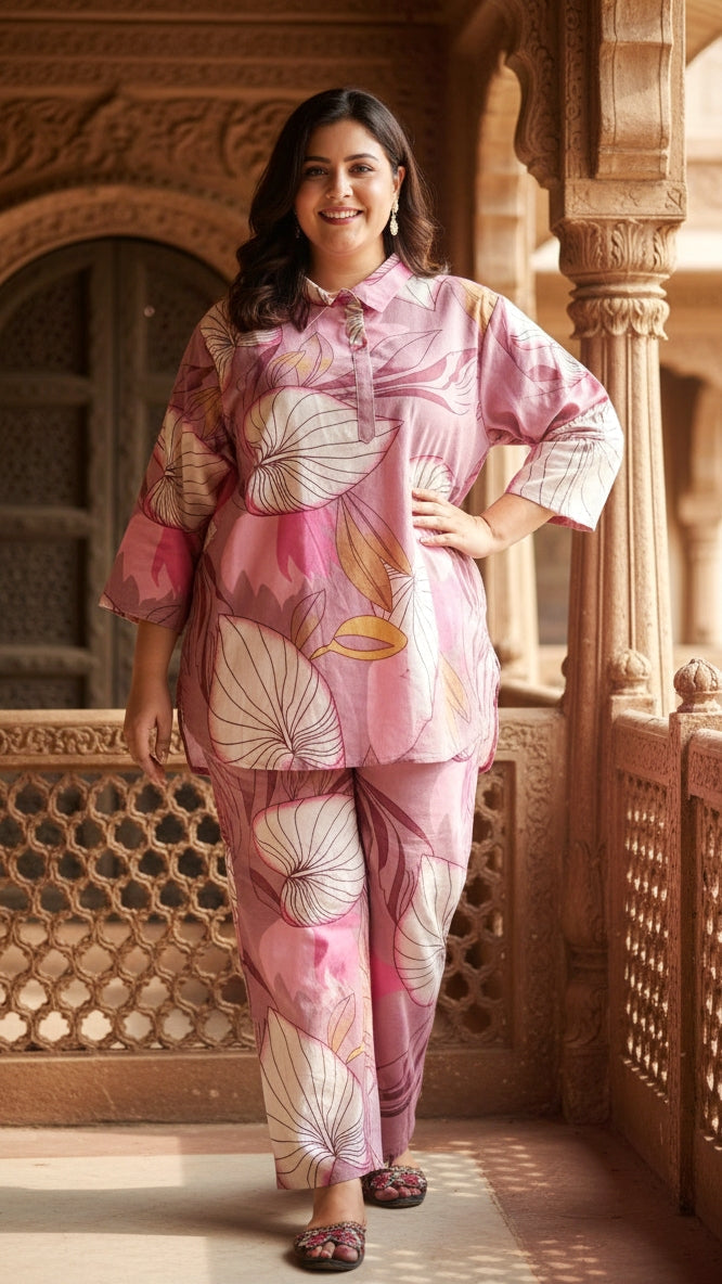 Label Flavia Plus Size Pink Printed Cotton Co-ord Set – Comfortable Everyday Wear for Women