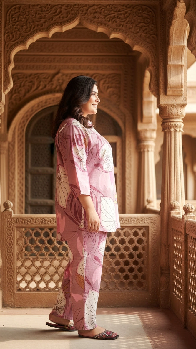 Label Flavia Plus Size Pink Printed Cotton Co-ord Set – Comfortable Everyday Wear for Women