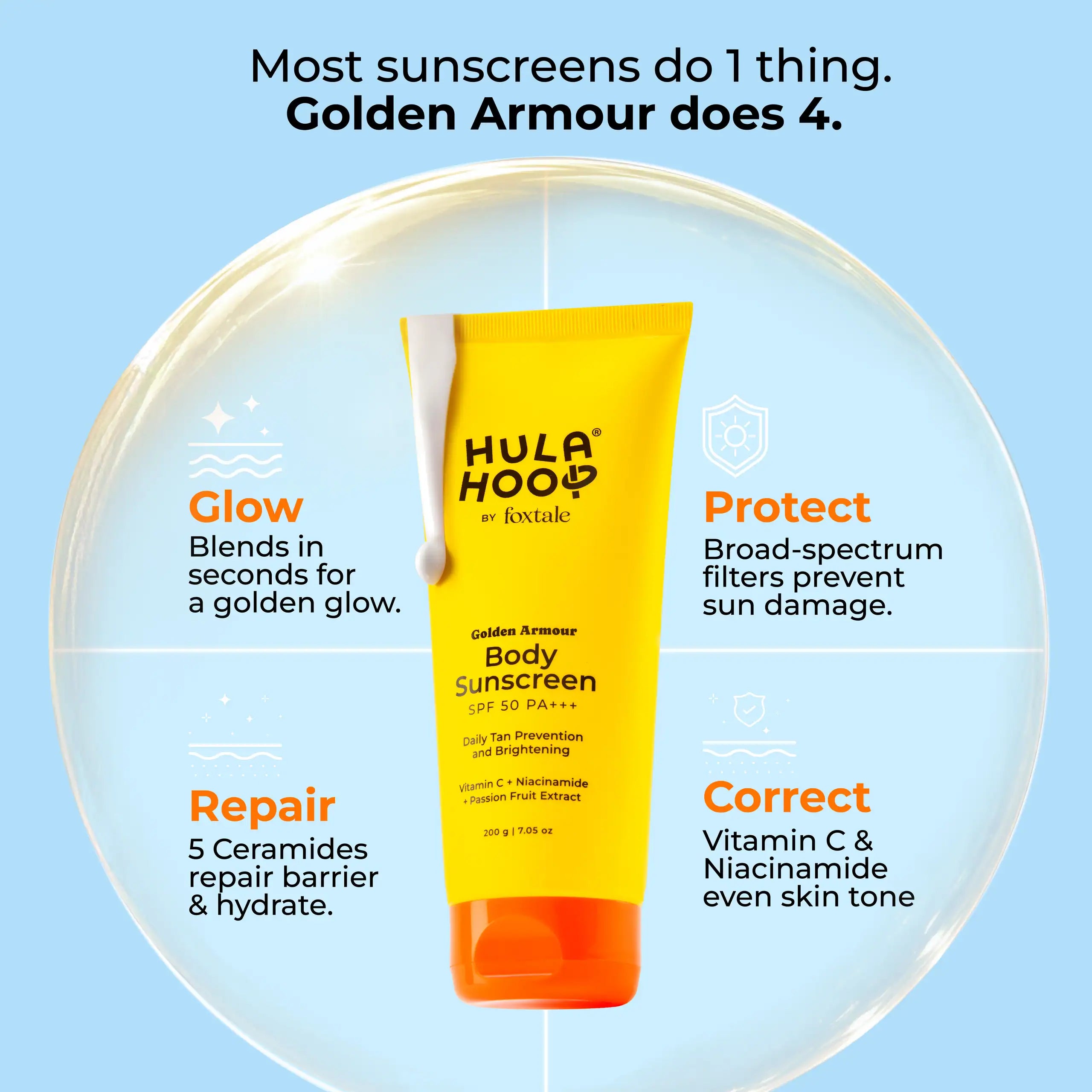 Foxtale Hula Hoop Golden Armour Body Glow Sunscreen SPF 50, In-Vivo Tested with PA+++