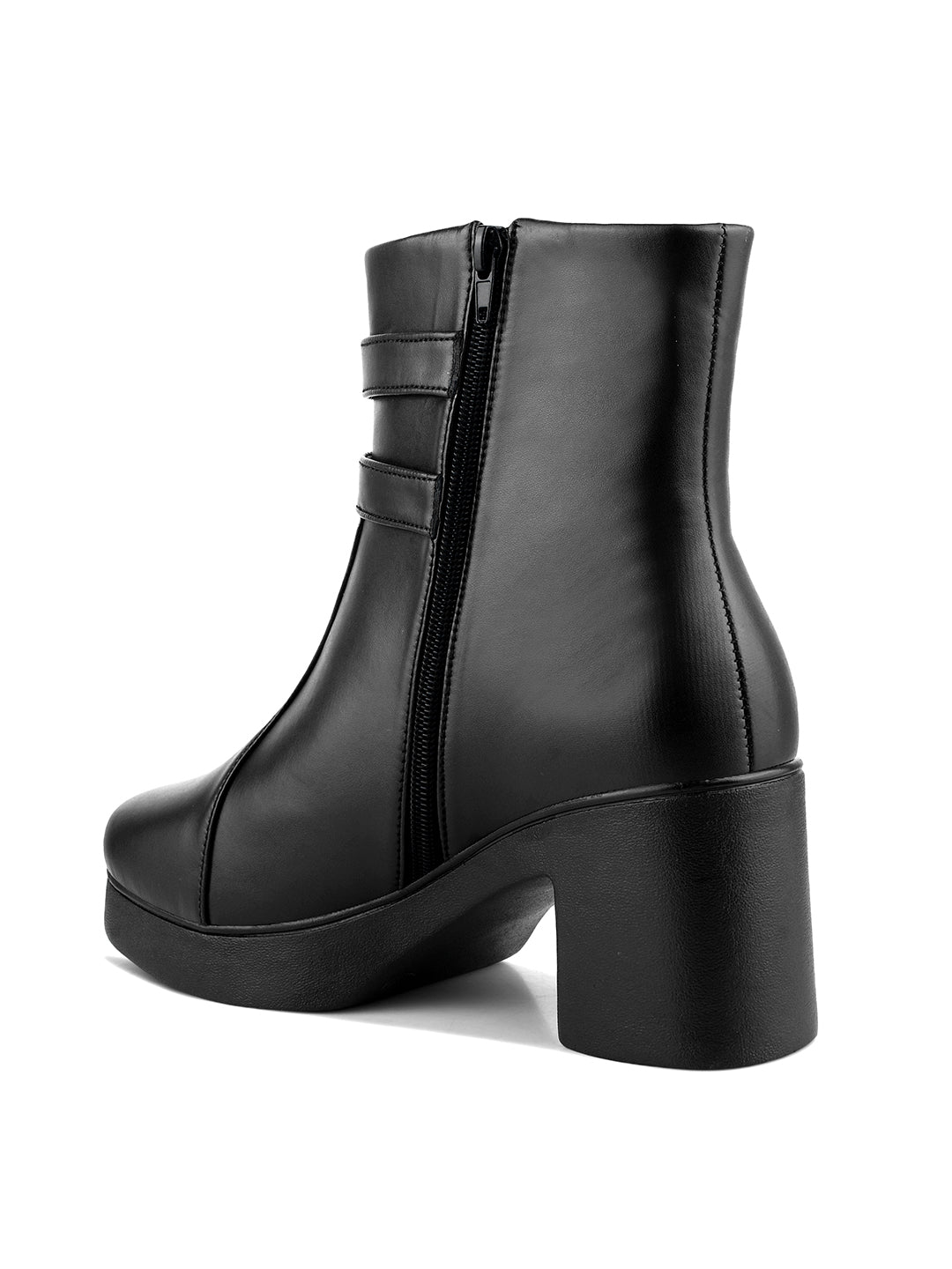 JM Looks Block Heel Ankle Boots for Women with Double Buckle Strap Platform
