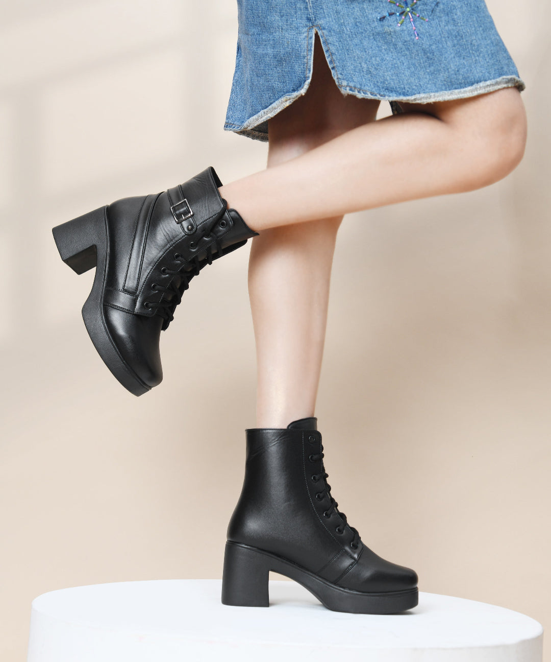 JM Looks Block Heel Ankle Boots for Women with Lace-Up Buckle Design