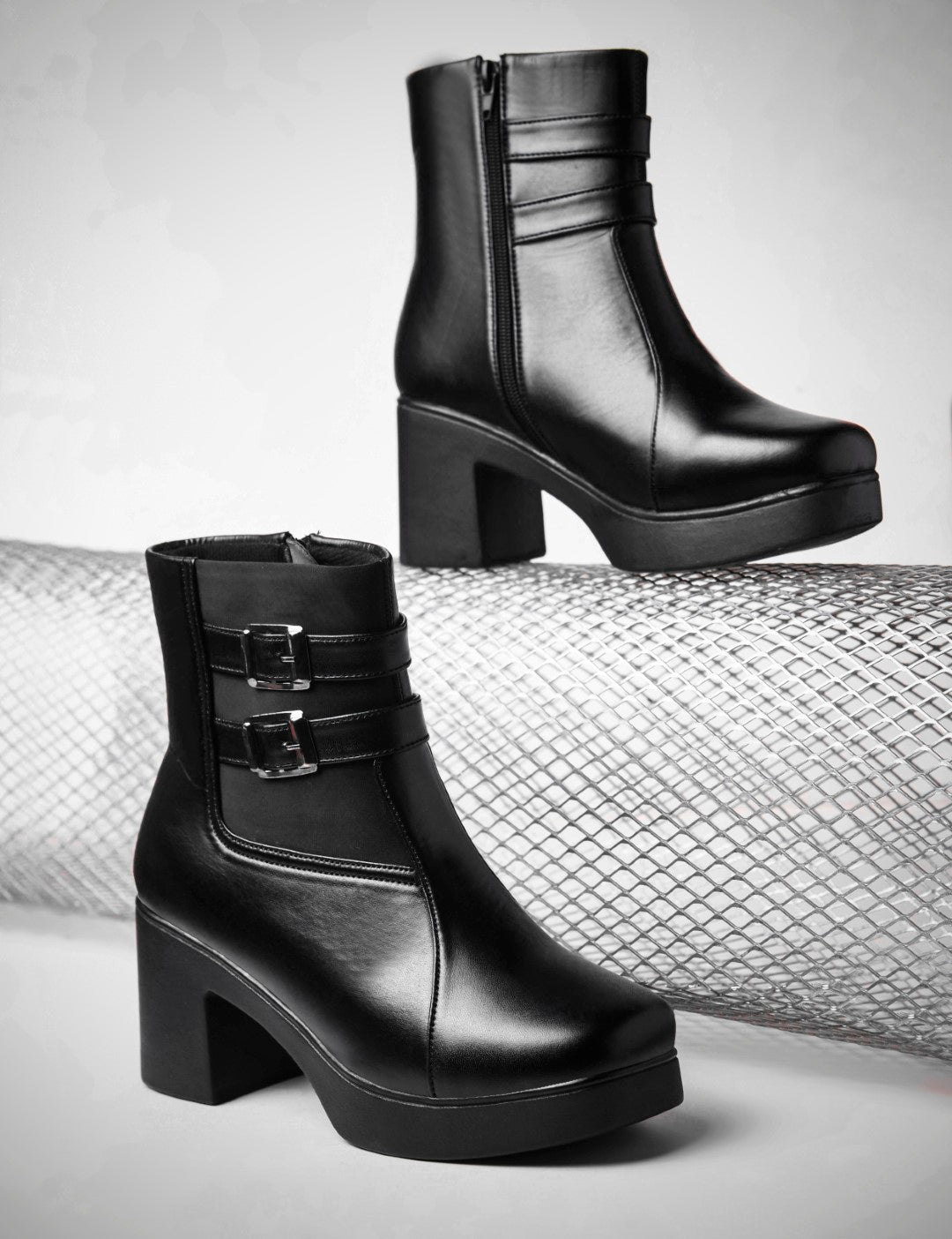 JM Looks Block Heel Ankle Boots for Women with Double Buckle Strap Platform