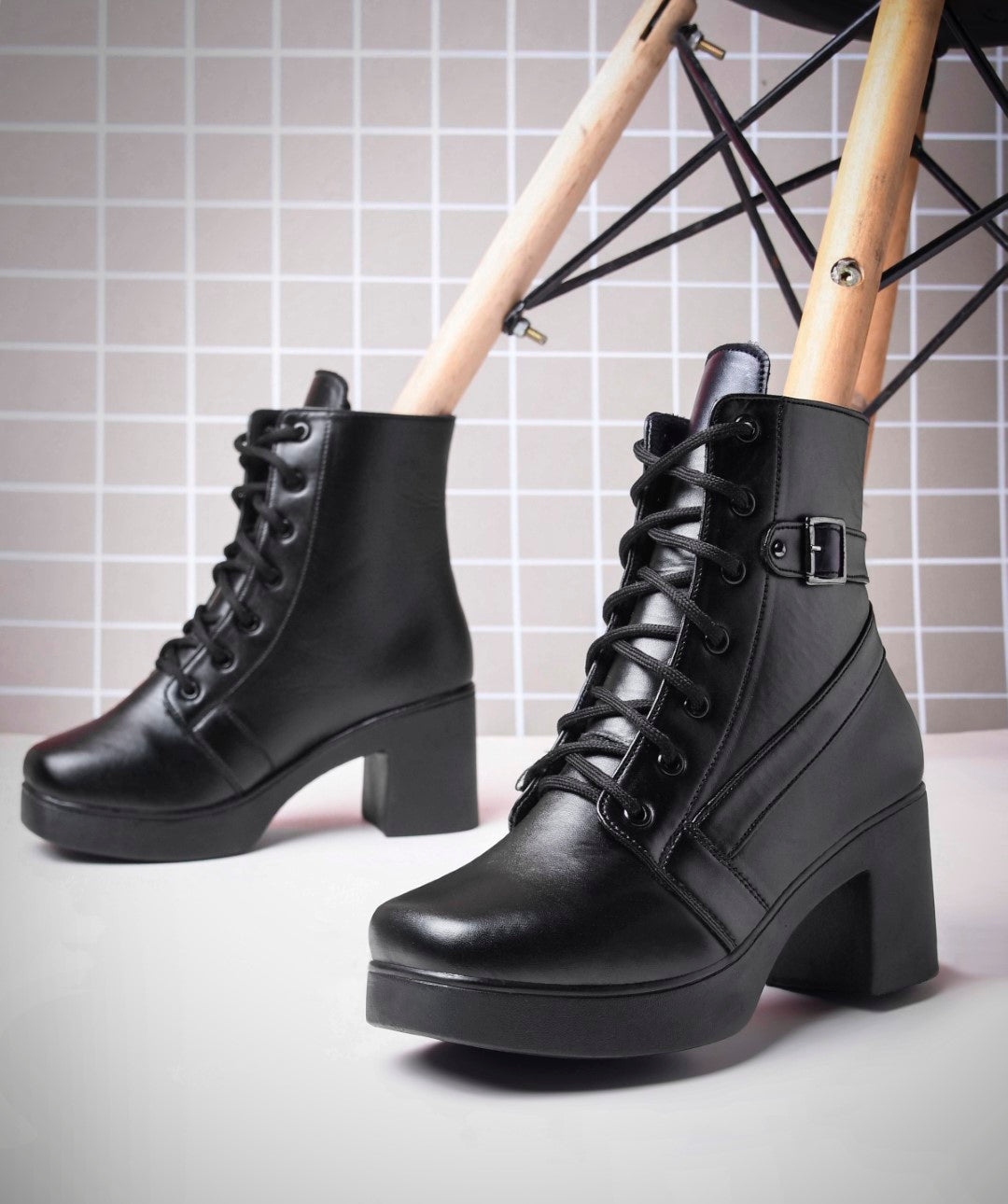 JM Looks Block Heel Ankle Boots for Women with Lace-Up Buckle Design