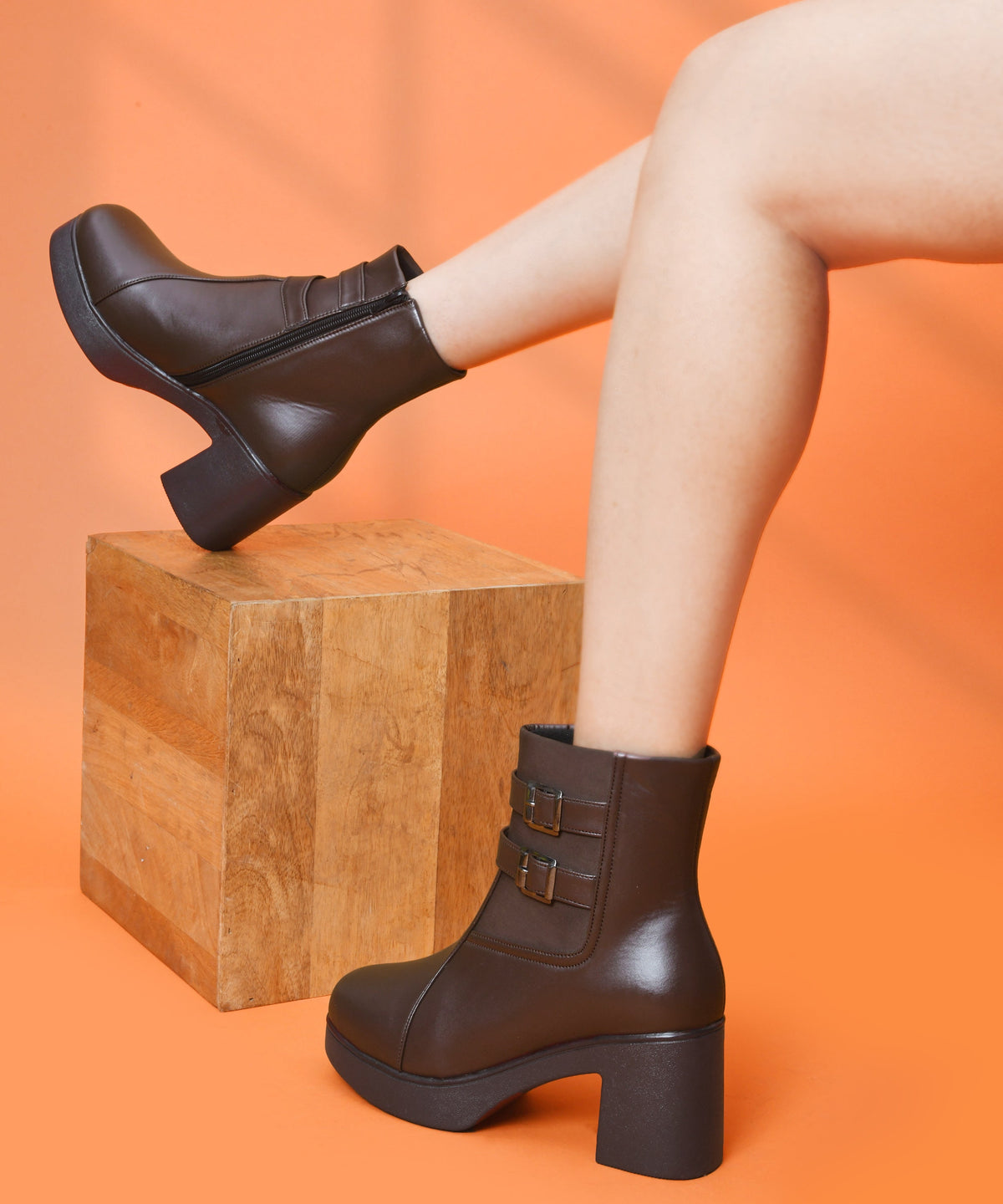 JM Looks Block Heel Ankle Boots for Women with Double Buckle Strap Platform