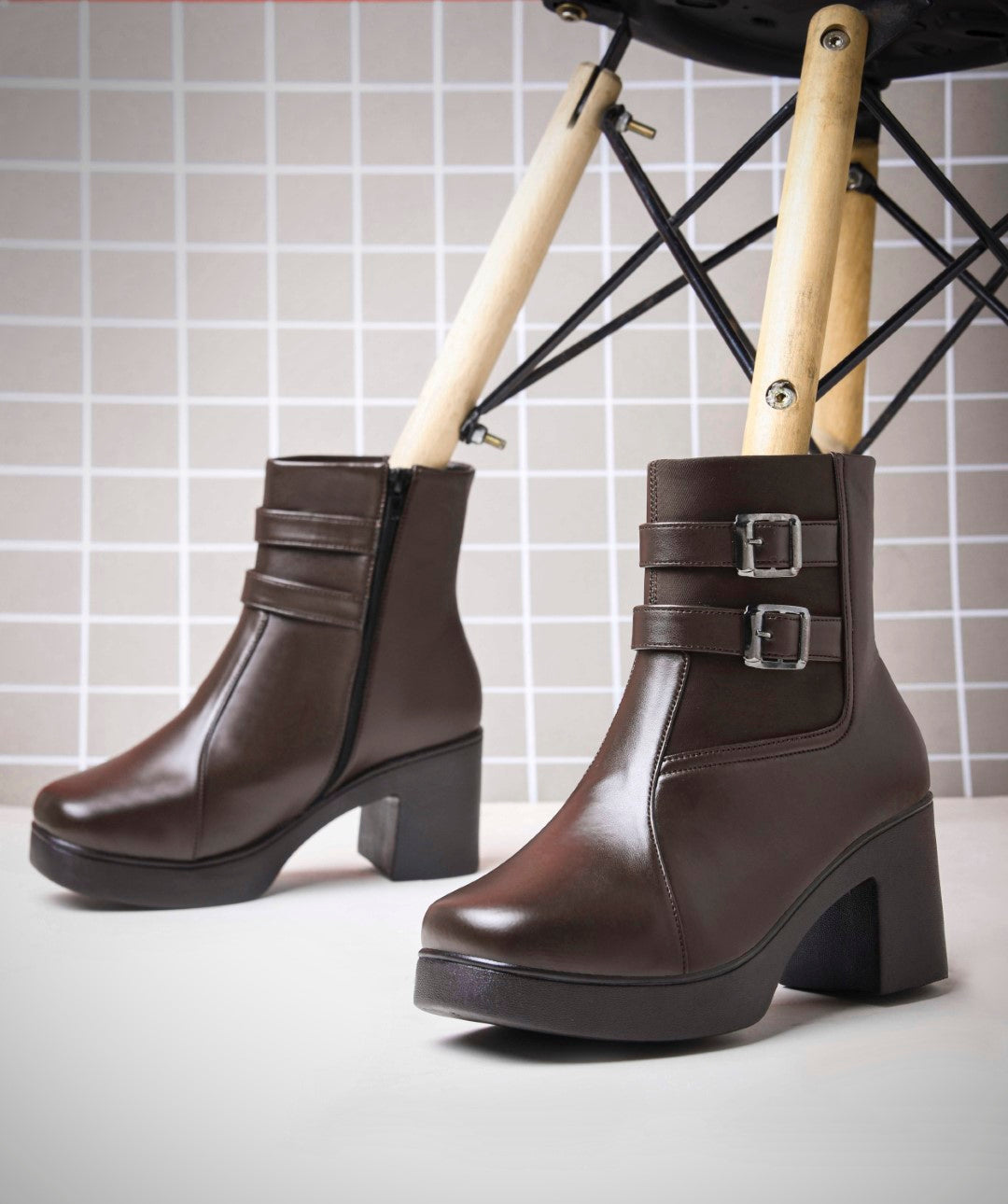 JM Looks Block Heel Ankle Boots for Women with Double Buckle Strap Platform