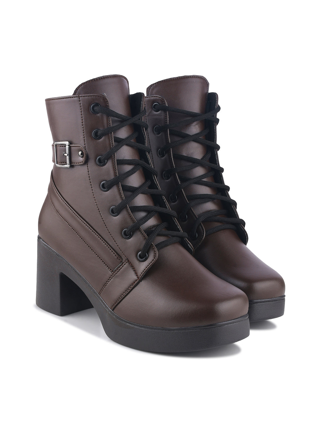 JM Looks Block Heel Ankle Boots for Women with Lace-Up Buckle Design