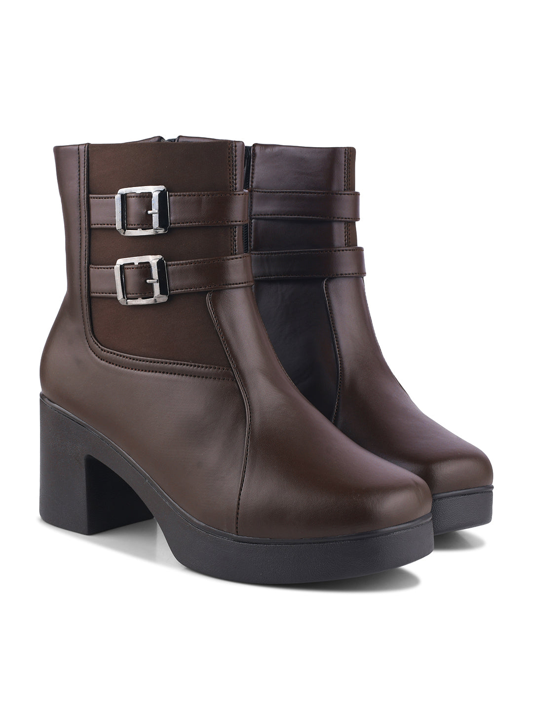 JM Looks Block Heel Ankle Boots for Women with Double Buckle Strap Platform