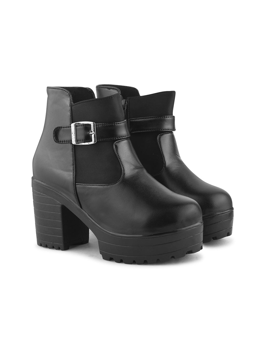 JM Looks Chunky Platform Block Heel Ankle Boots with Buckle Strap for Women - Black