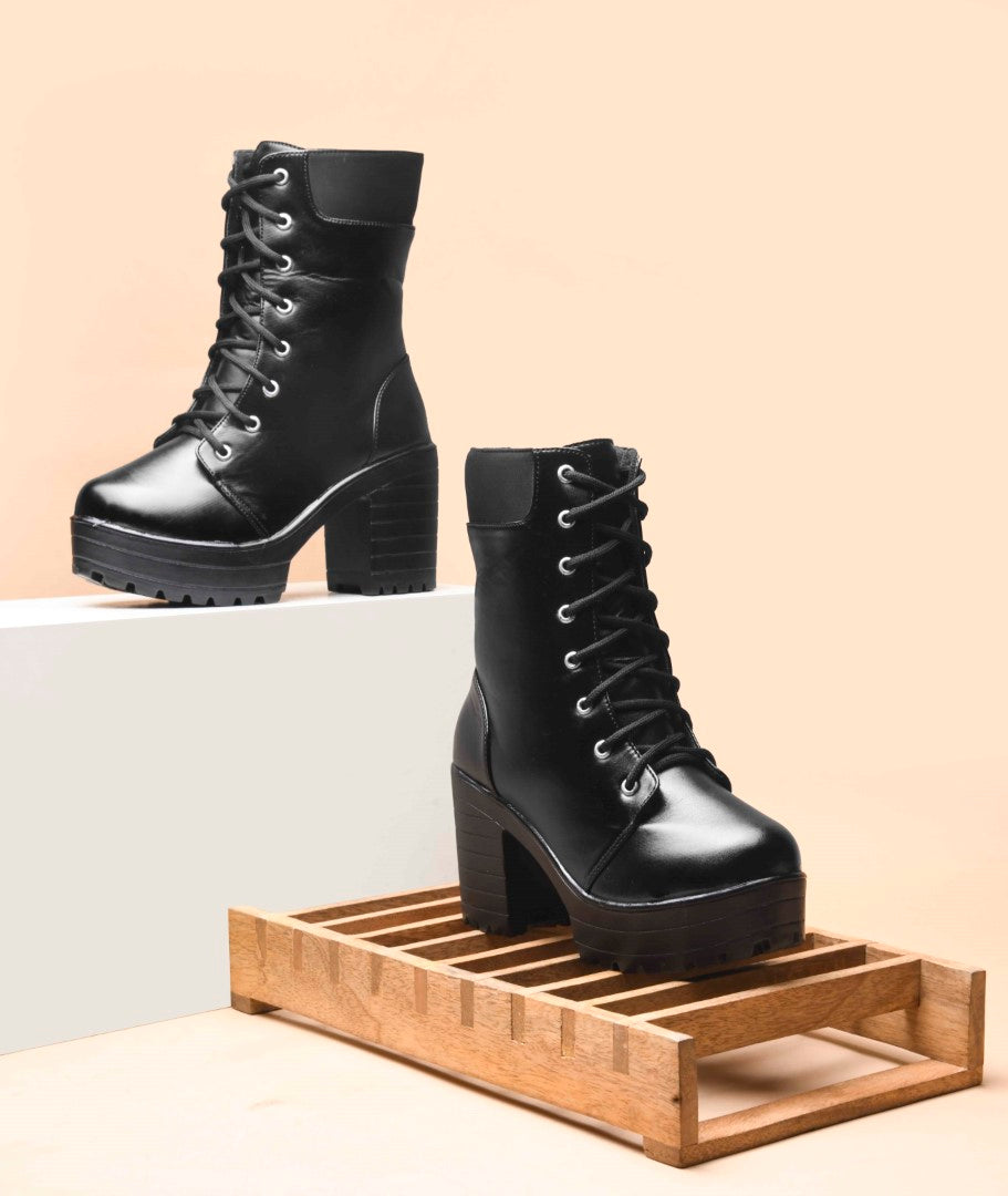 JM Looks Block Heel Ankle Boots for Women, Lace-Up Platform High Heels - Black