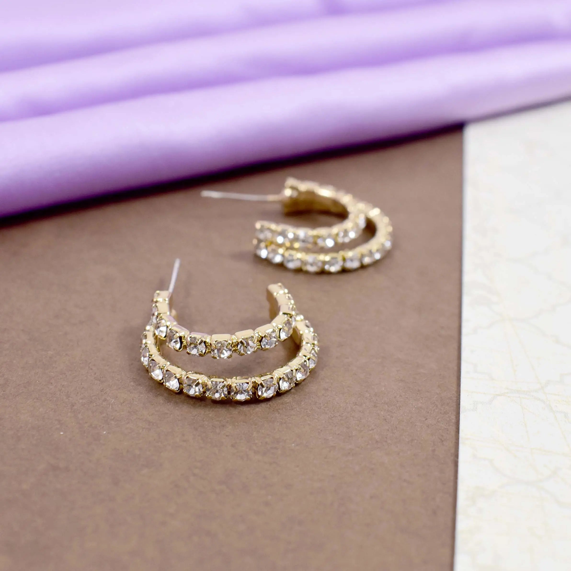 Salty Crystal studded double hoop gold earrings