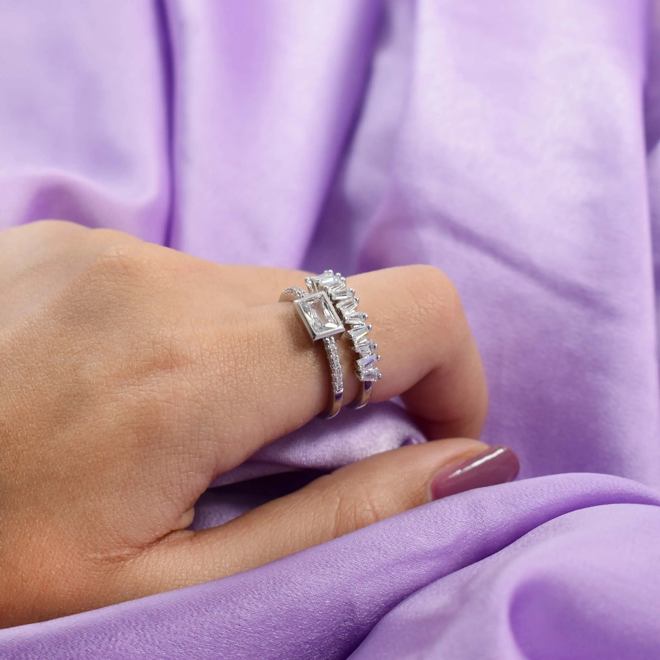 Salty Clear Crystal Stacked-Effect Silver Ring