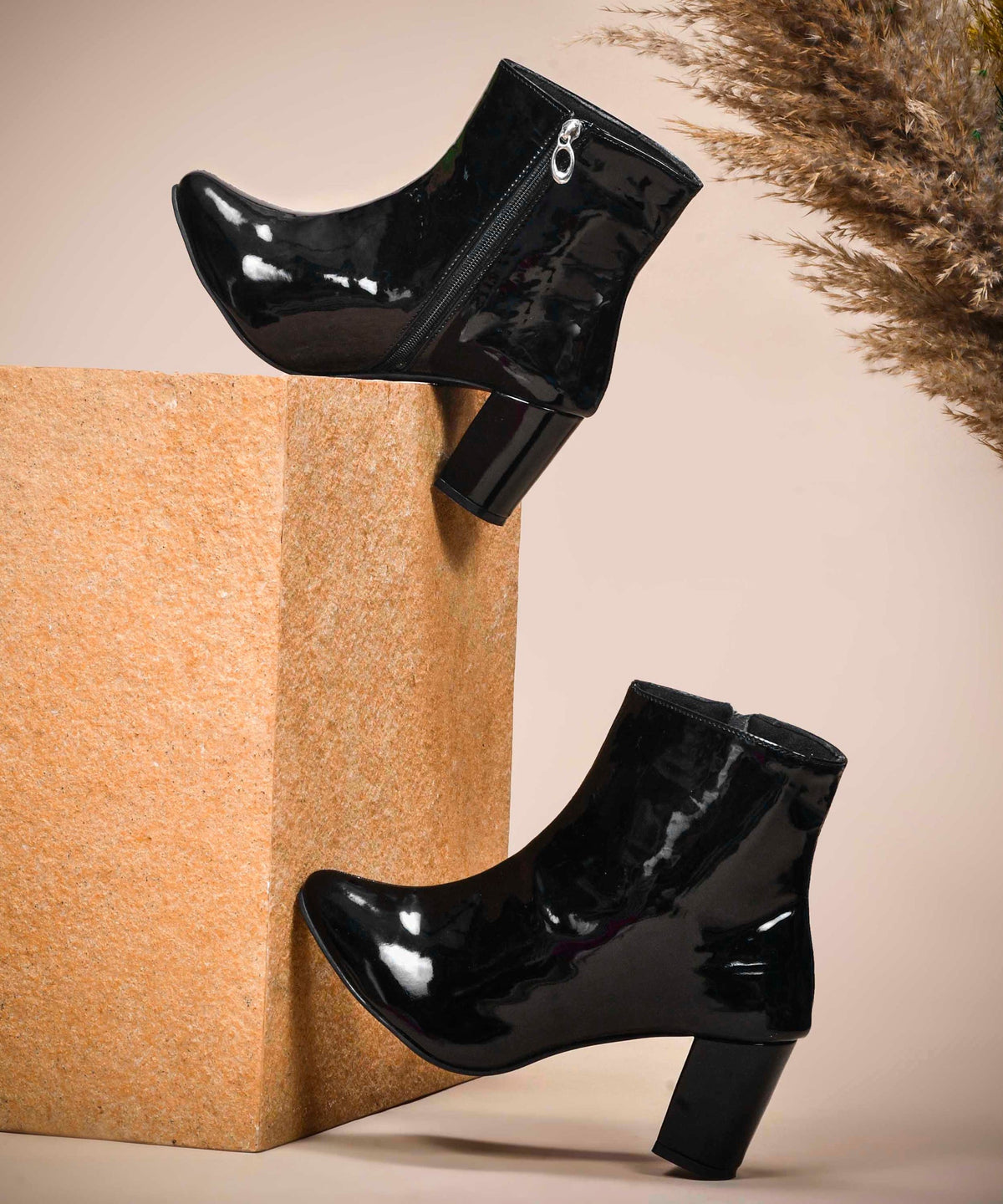JM Looks Women Glossy Patent Block Heel Ankle Boots with Side Zip