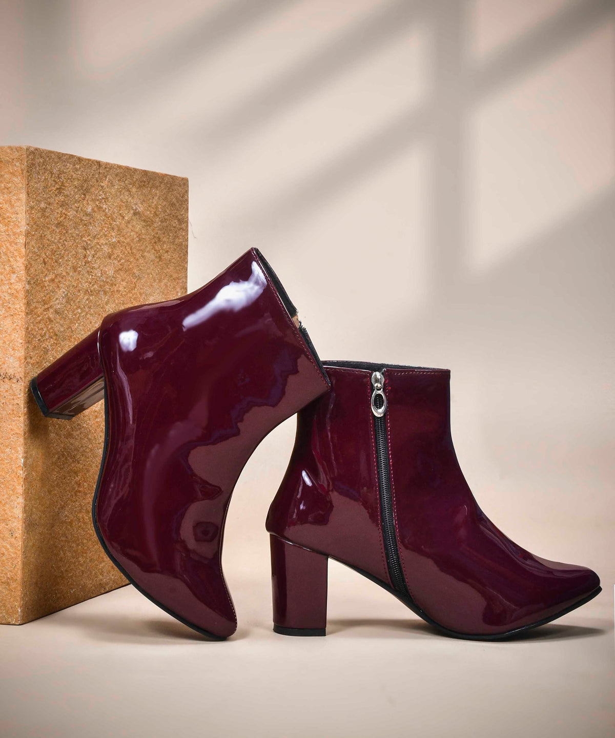 JM Looks Women Glossy Patent Block Heel Ankle Boots with Side Zip