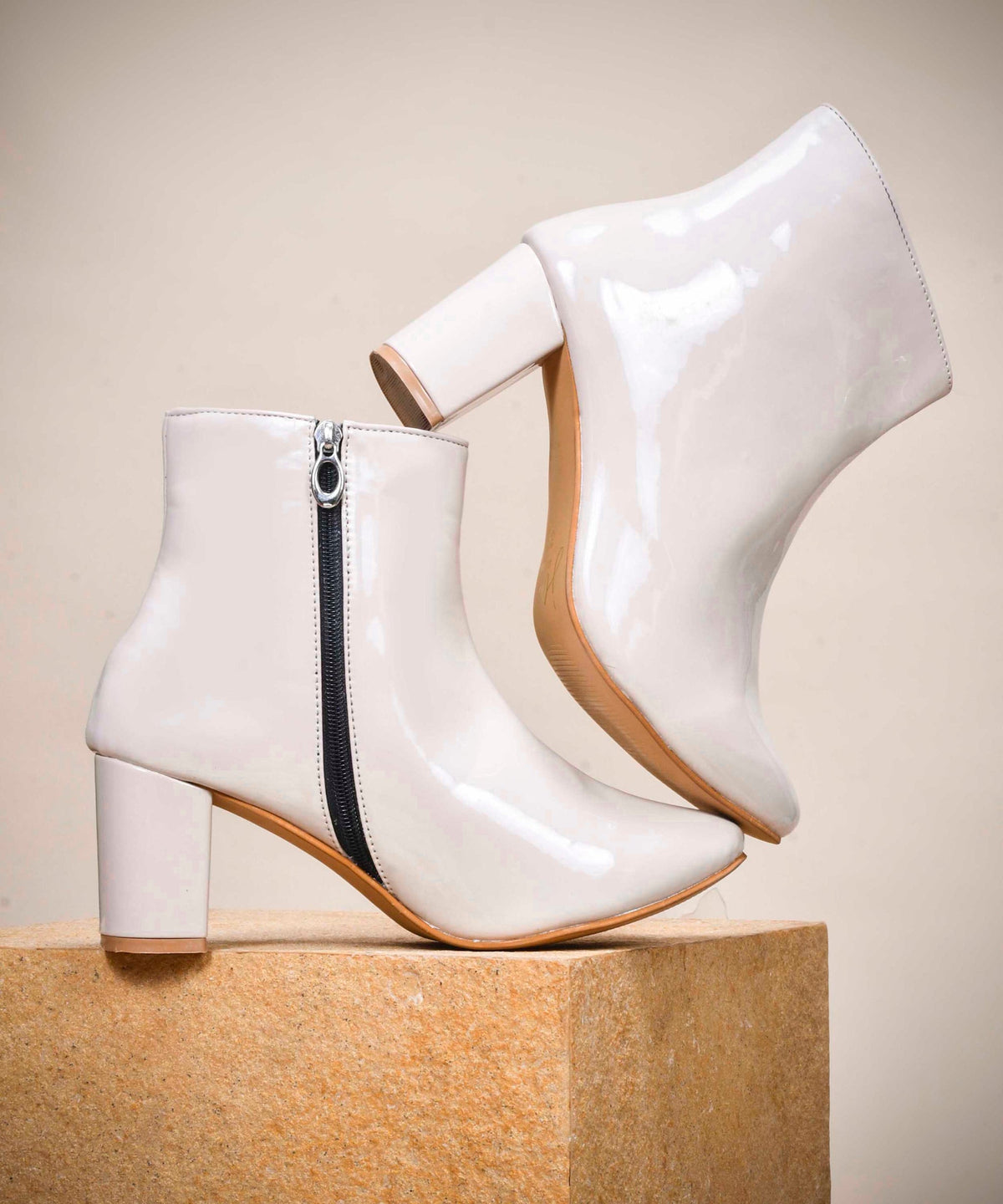 JM Looks Women Glossy Patent Block Heel Ankle Boots with Side Zip